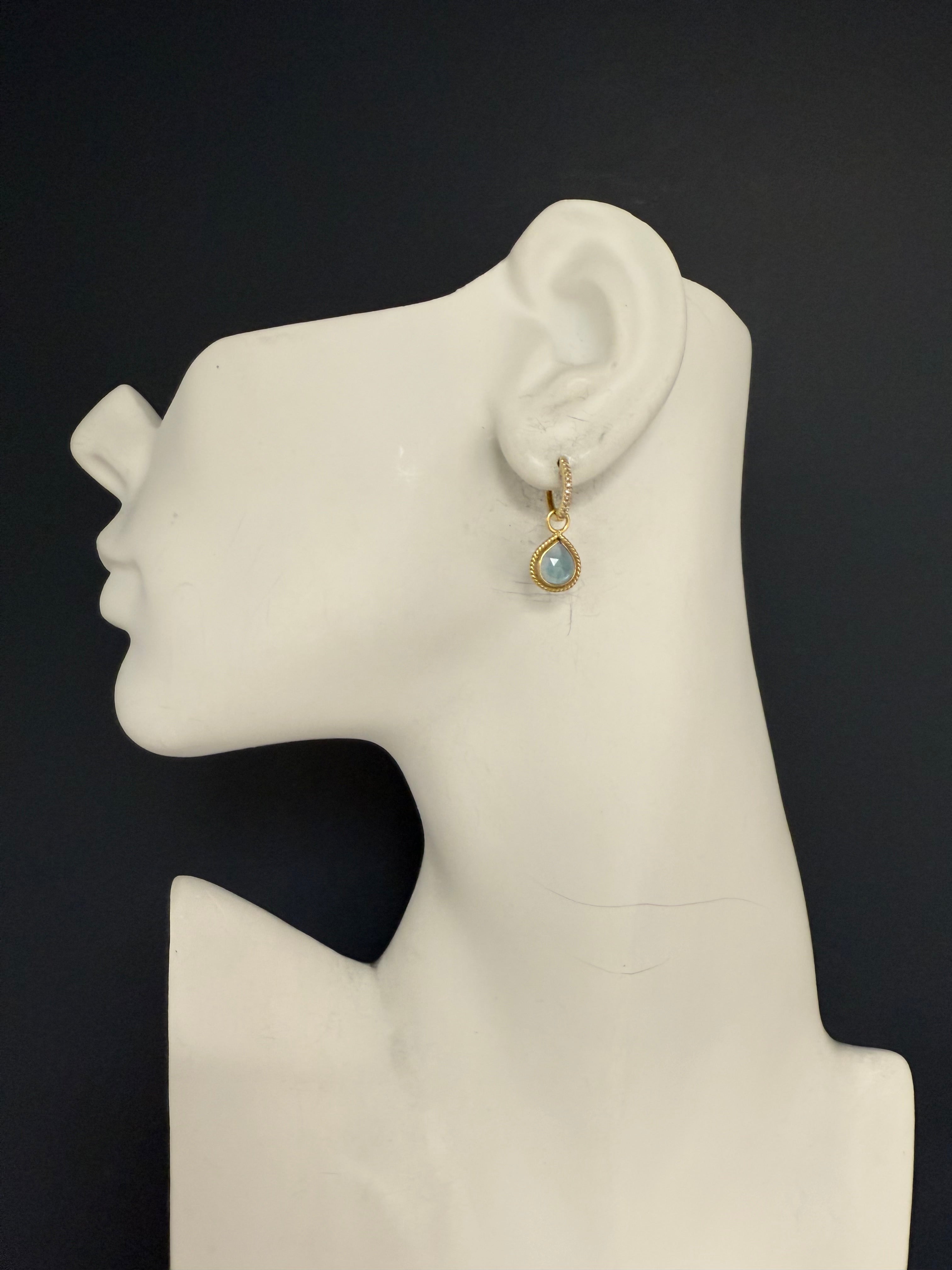 Retro Gold Natural Rose Cut London Blue Topaz & Diamond Drop Enhancer Earrings