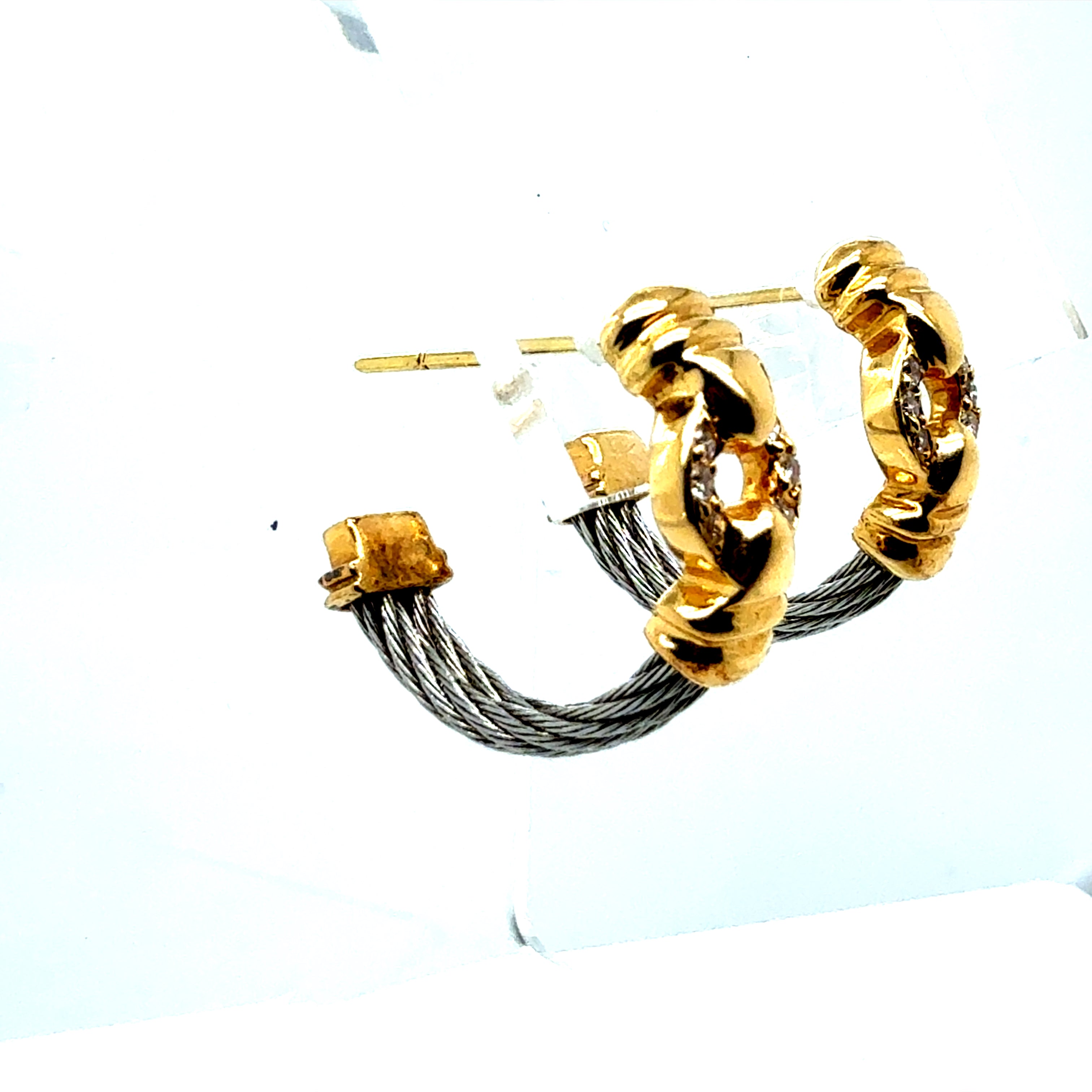 Retro Gold and Natural Diamond Steel Cable Earrings by Philippe Charriol
