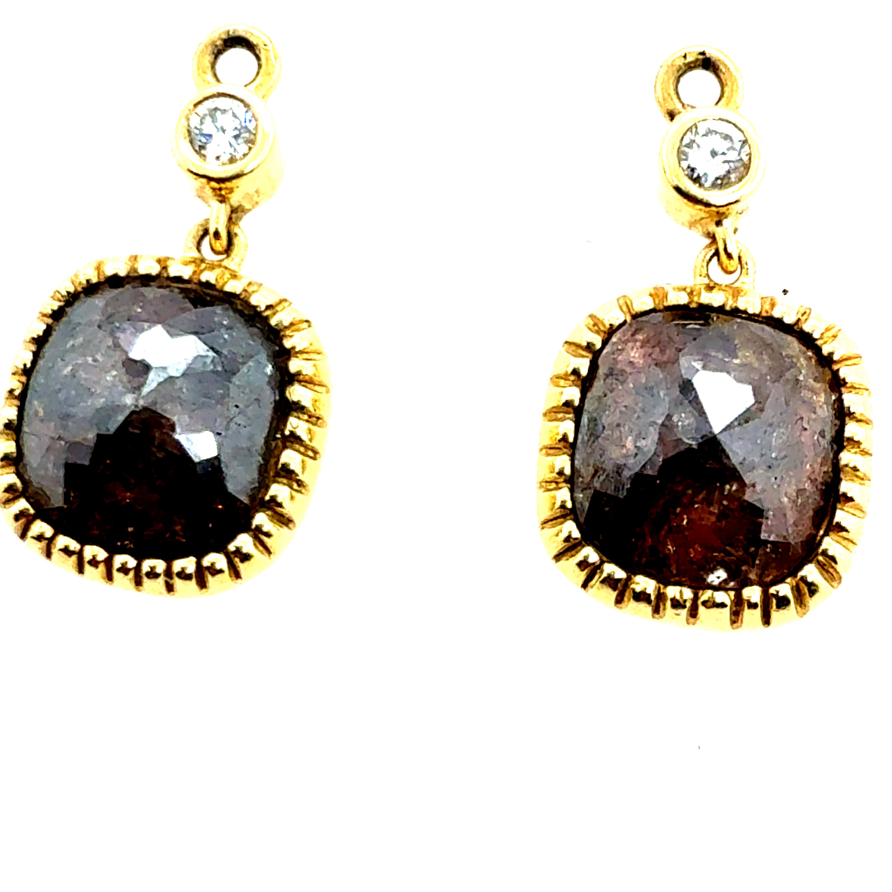 Retro Gold Champagne Brown Rose Cut Natural Diamond Drop Earrings Circa 1980