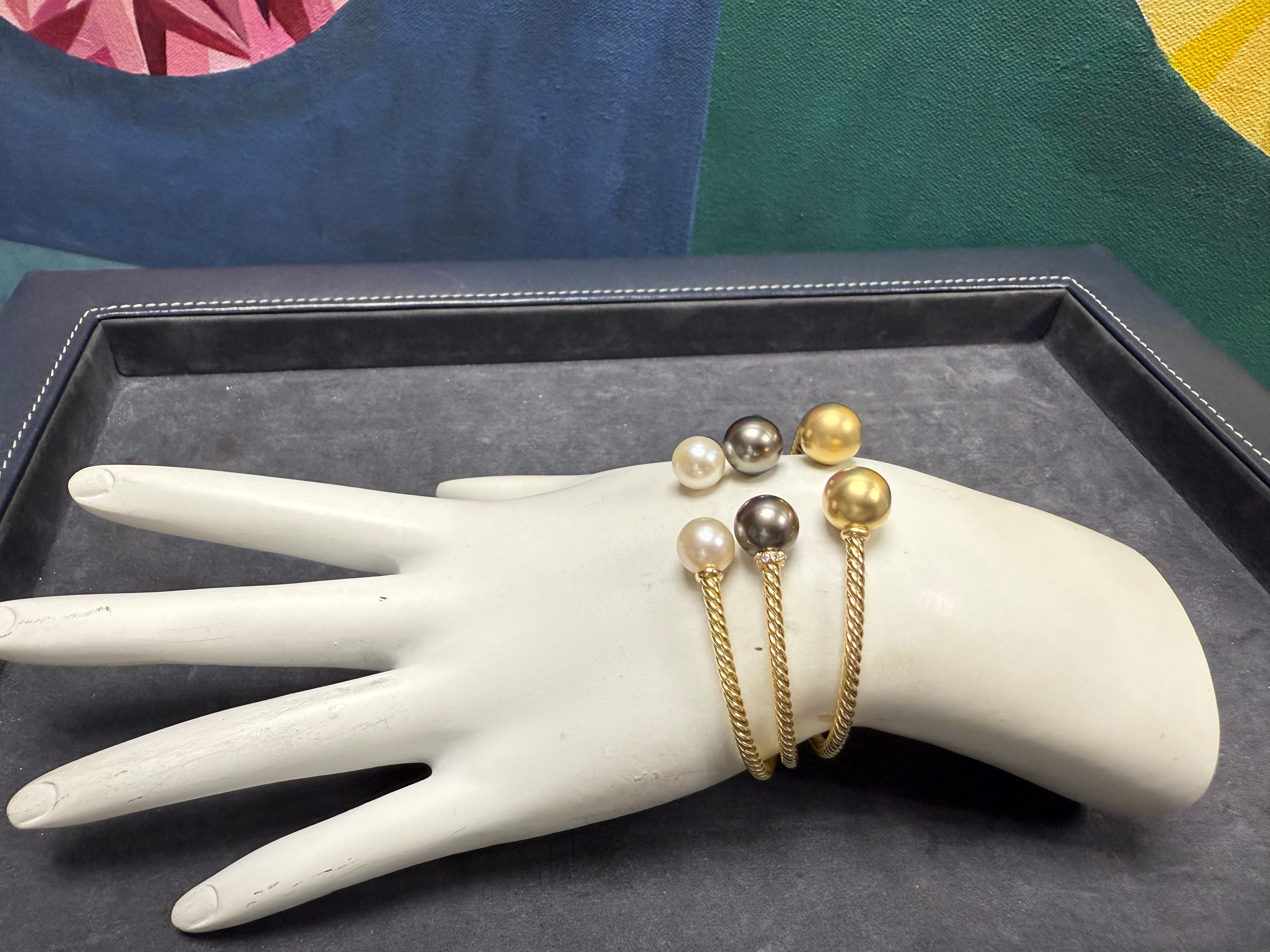 Modern Gold David Yurman Solari Pearl & Diamond Flex Bangle 3 Bracelet Set