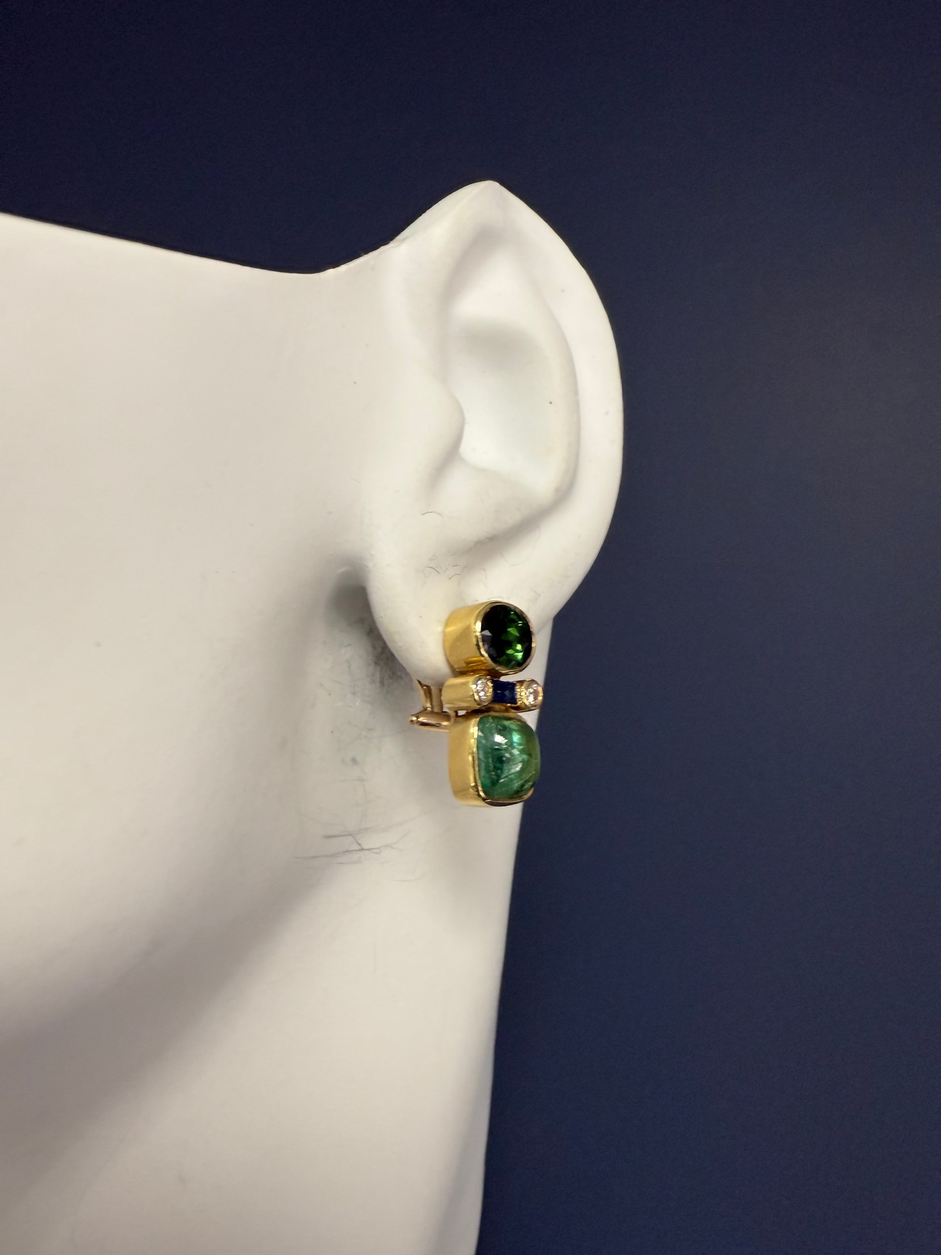 Retro Gold Natural Diamond and Tourmaline Statement Earrings, Circa 1970