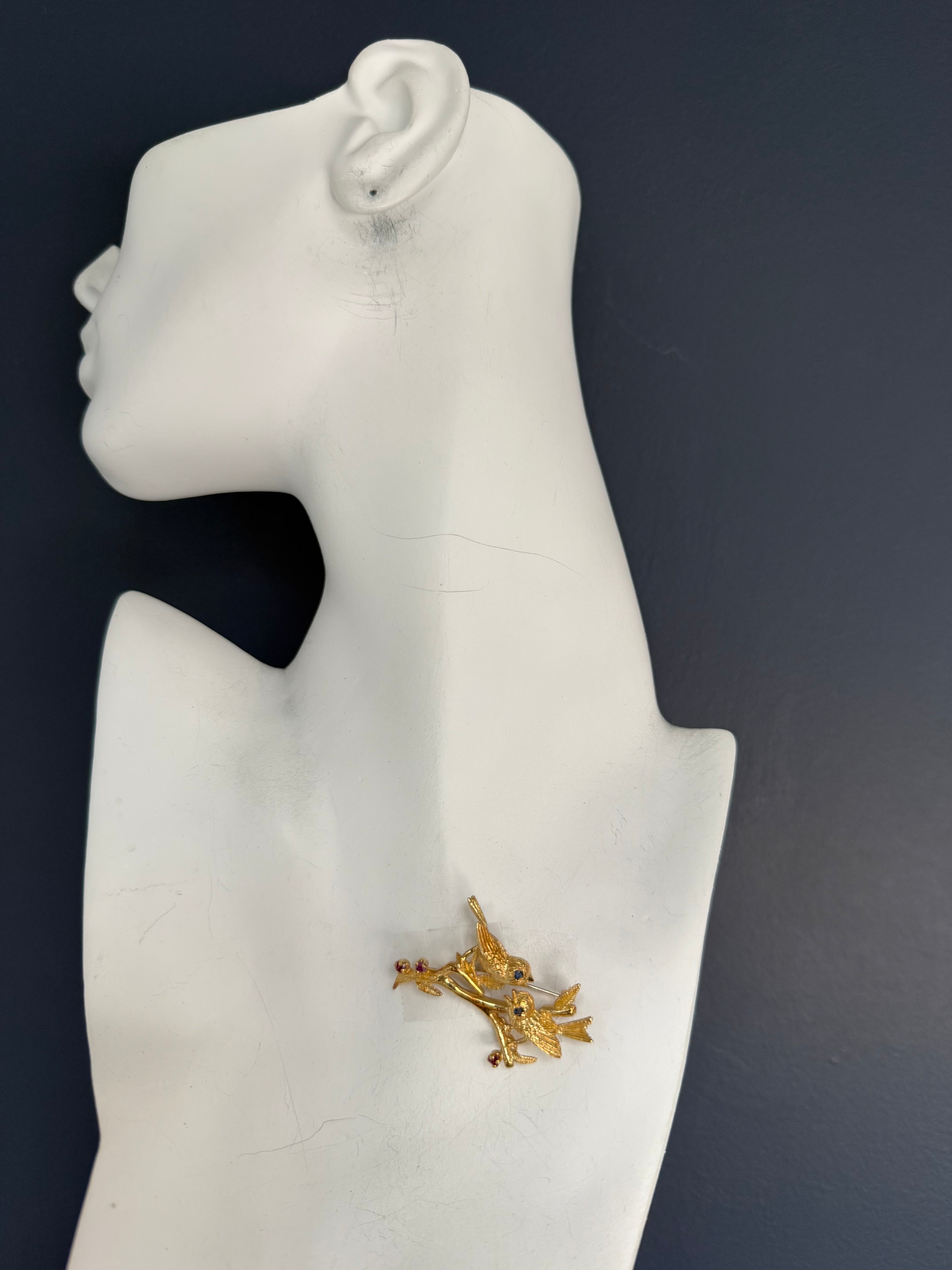 Retro Yellow Gold Birds on a Branch Gem Brooch Circa 1985