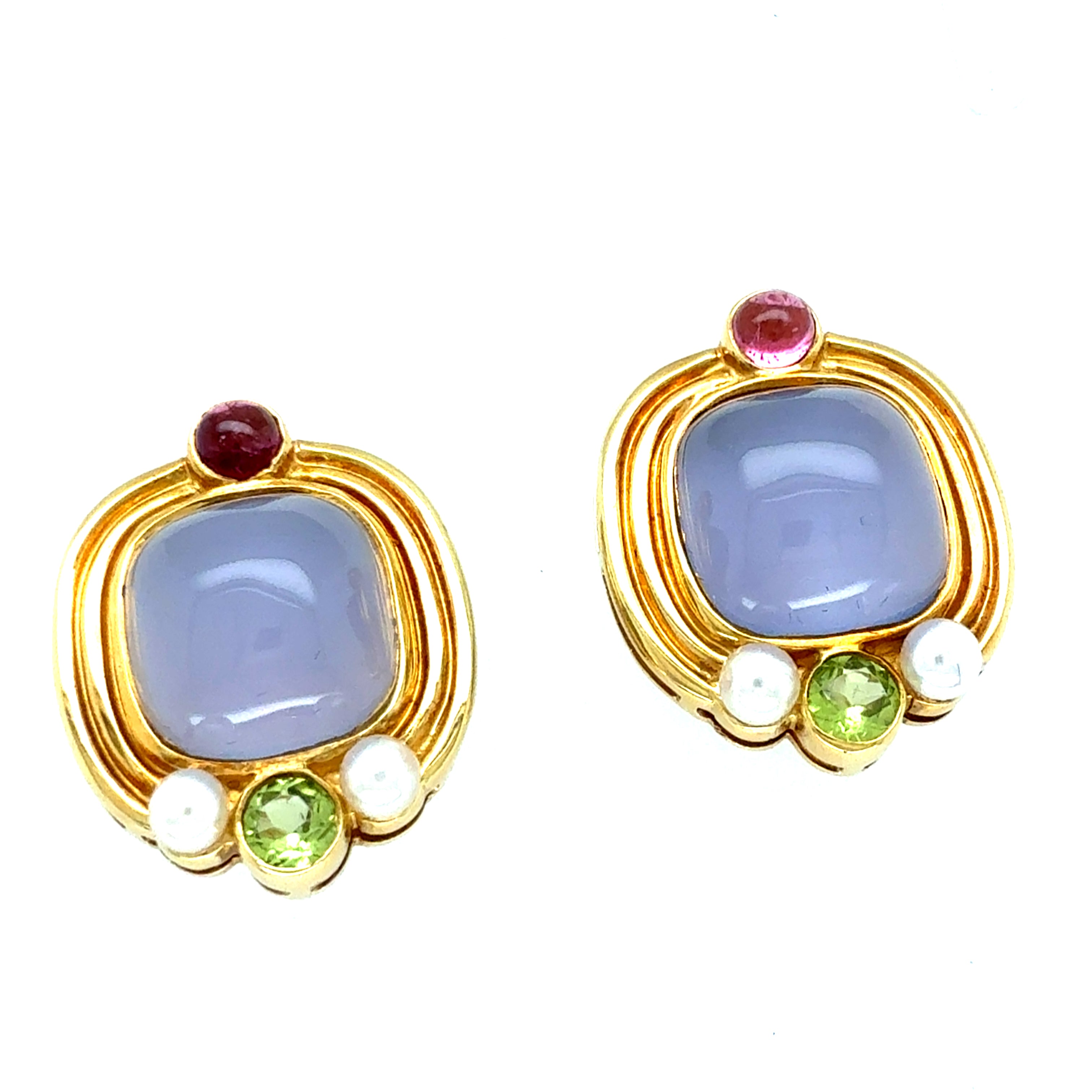 Retro Gold Cabochon Earrings with Chalcedony, Tourmaline & Peridot