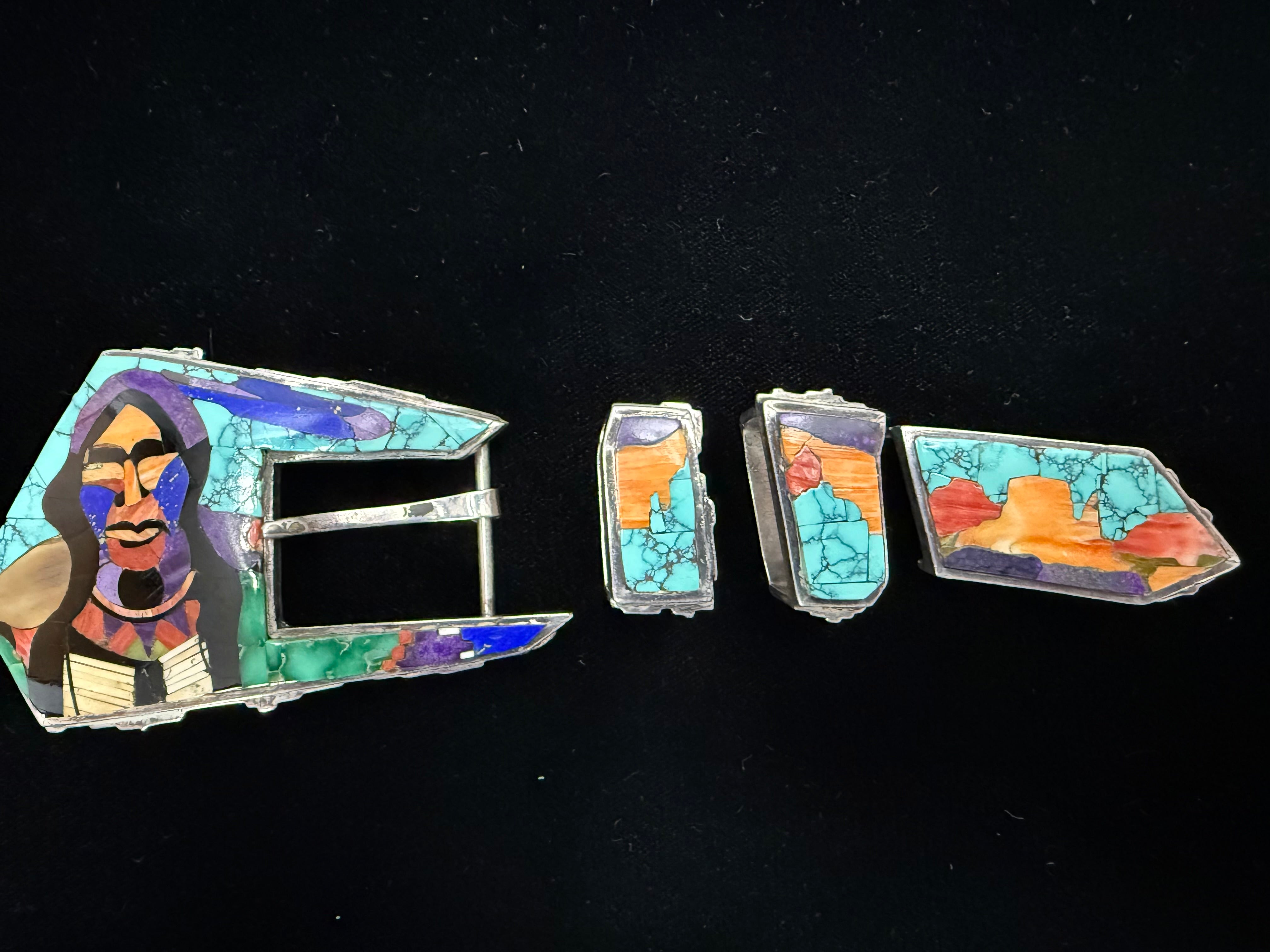 Retro Silver Gemstone Inlay Belt Buckle by Danny Romero