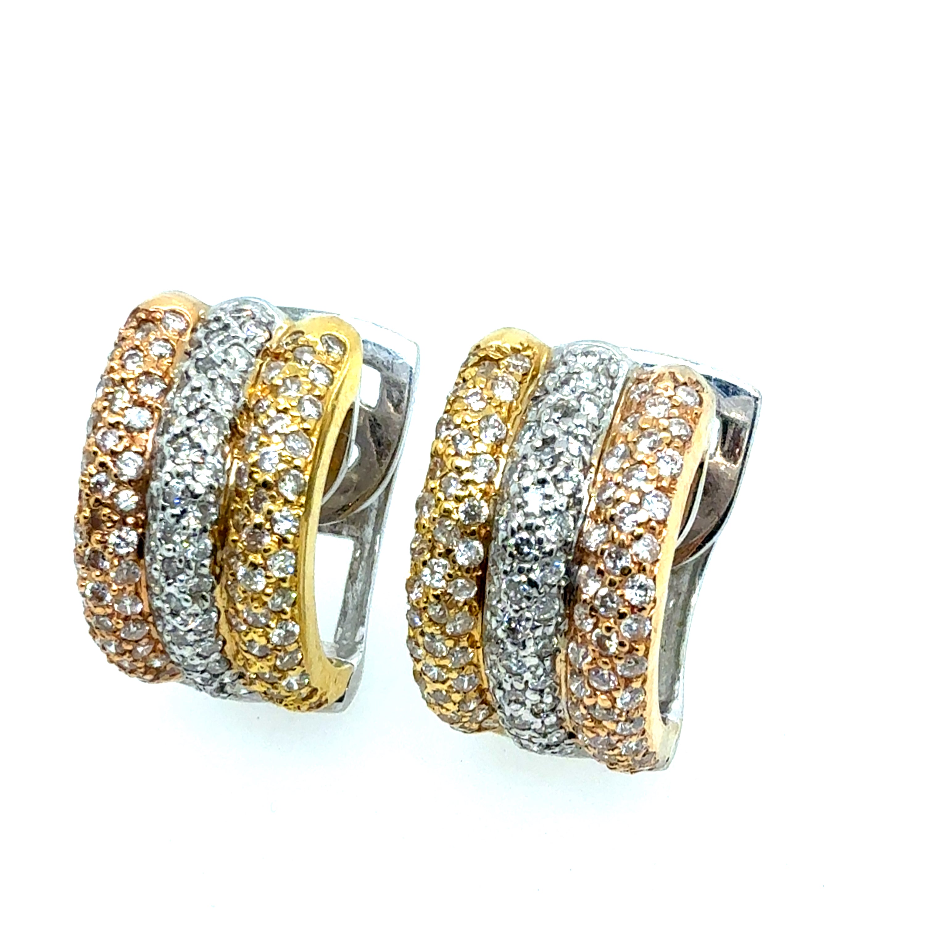 Modern Gold Tricolor Huggie Earrings with 1.50ct Natural Diamonds