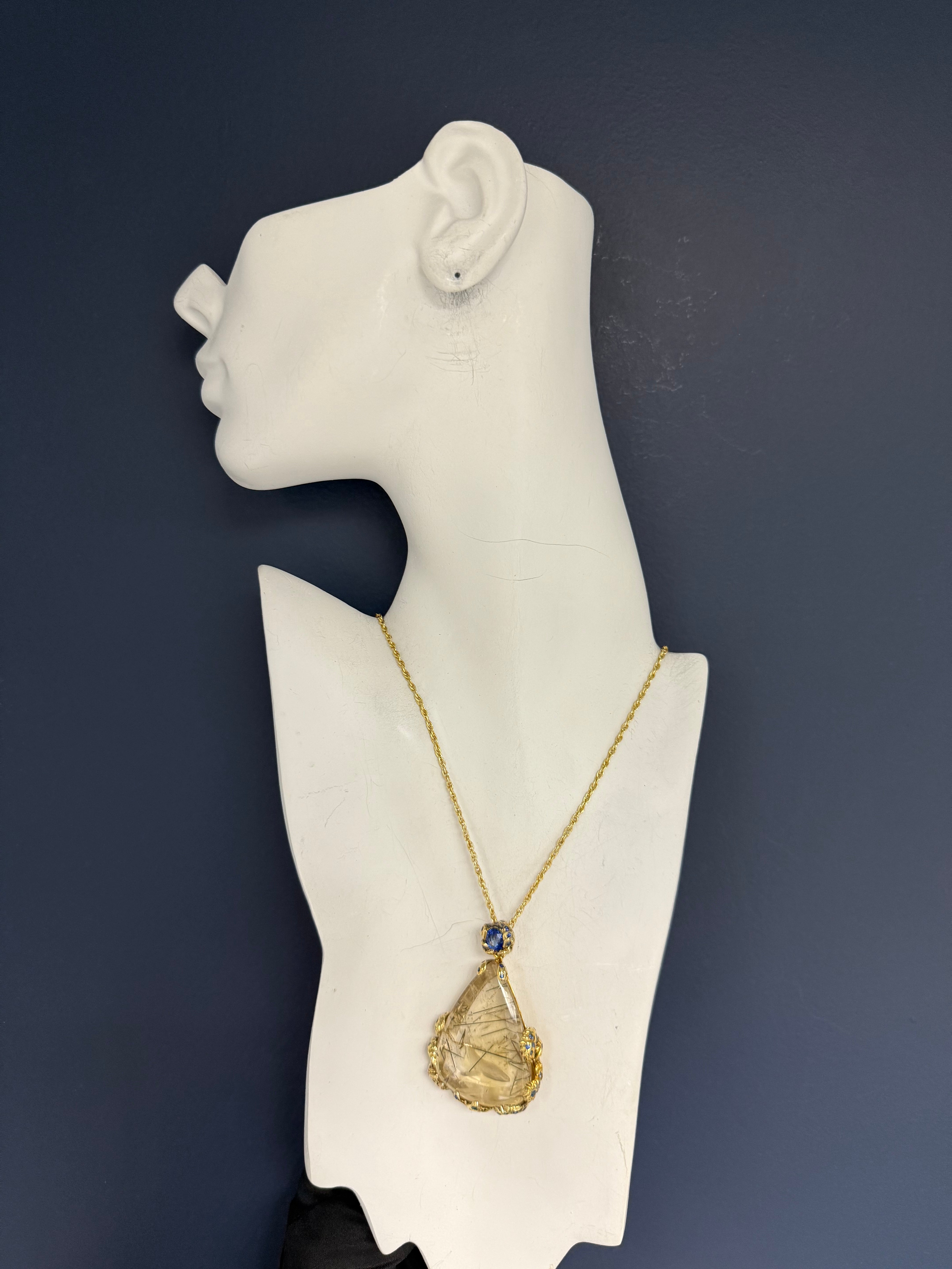 Retro 925 Silver Blue Sapphire, Quartz, Kyanite Statement Pendant by F. Barthe