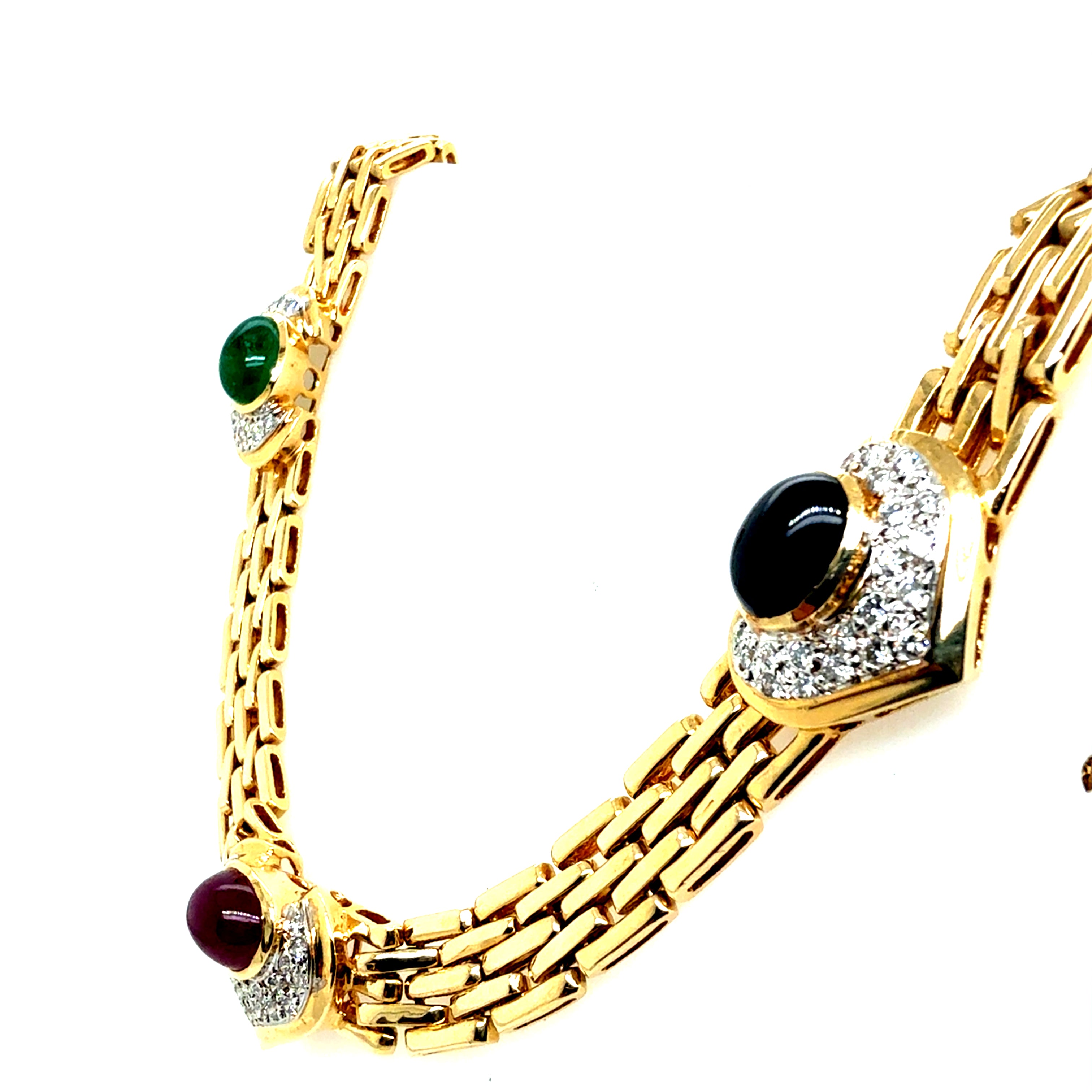 Retro Gold 8 CT Diamond and Multicolor Cabochon Statement Necklace Circa 1980