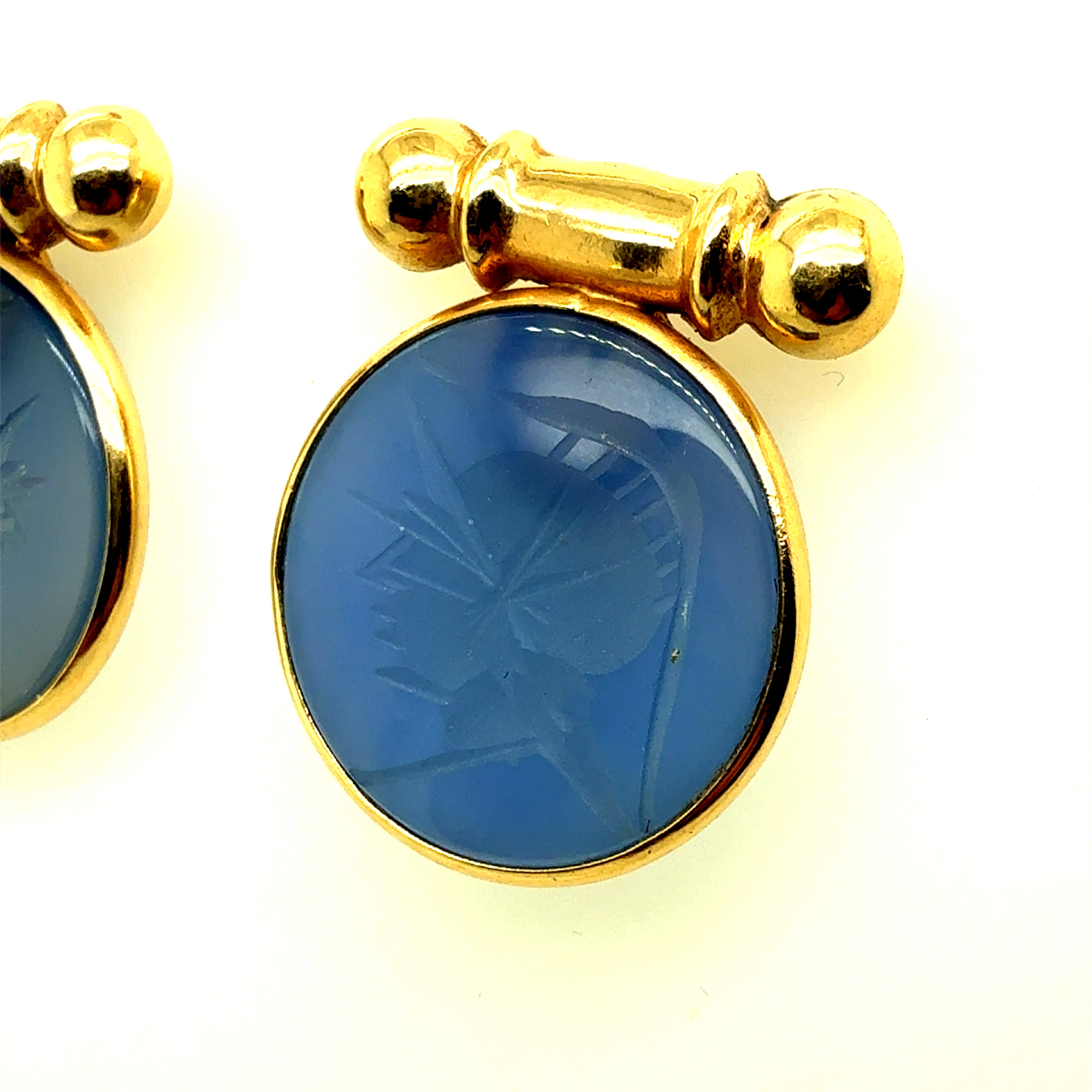 Retro Gold Earrings Bezel Set with Blue Roman Carnelian Intaglio Circa 1980