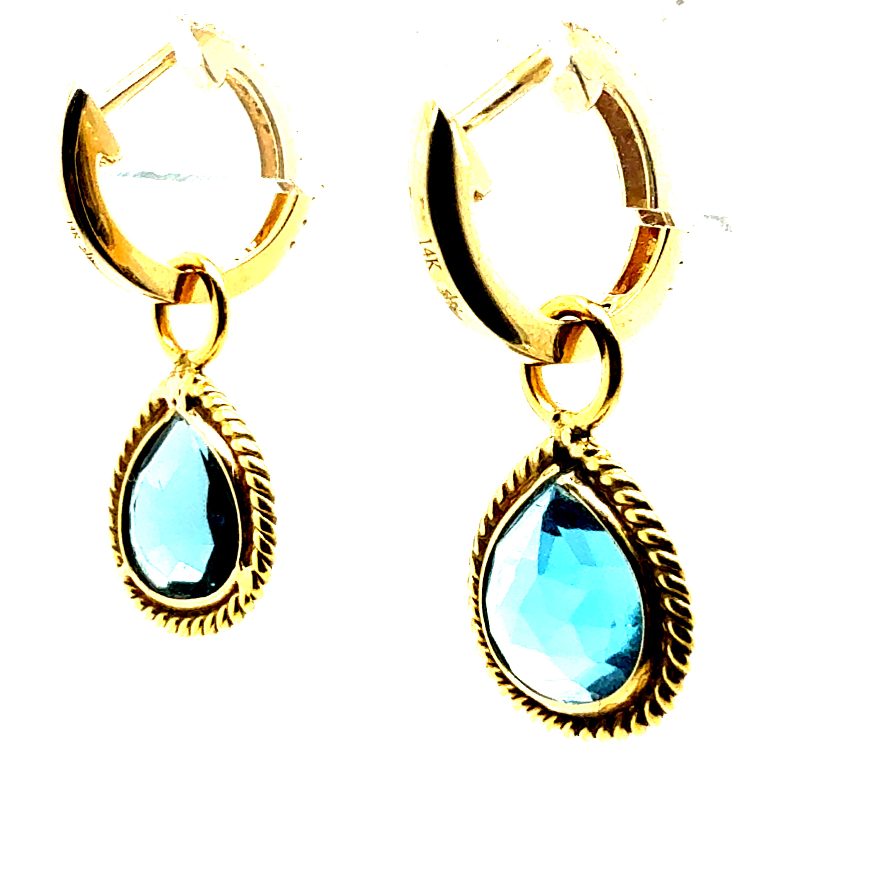 Retro Gold Natural Rose Cut London Blue Topaz & Diamond Drop Enhancer Earrings