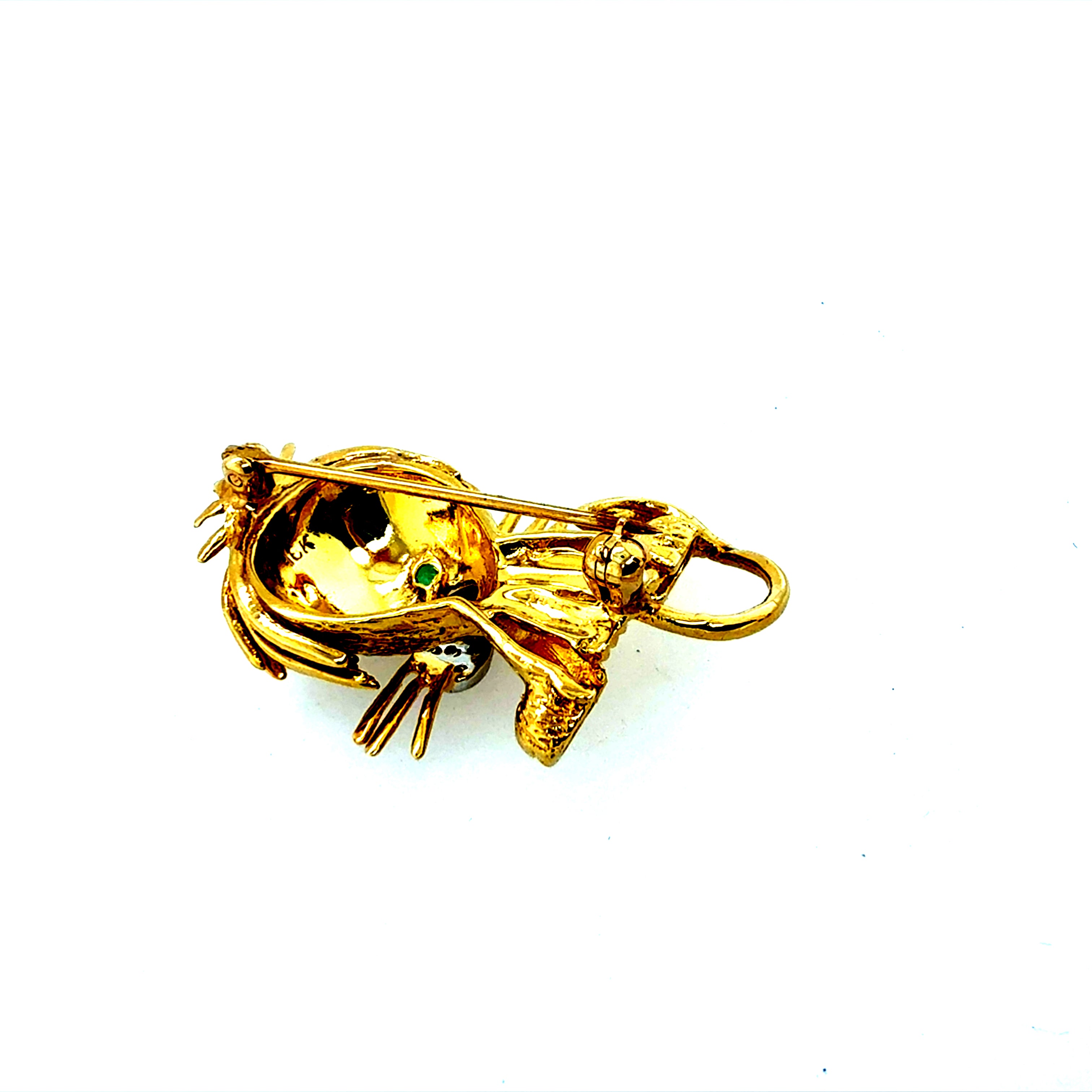 Retro Yellow Gold Diamond & Emerald Cat Pin Brooch Circa 1985