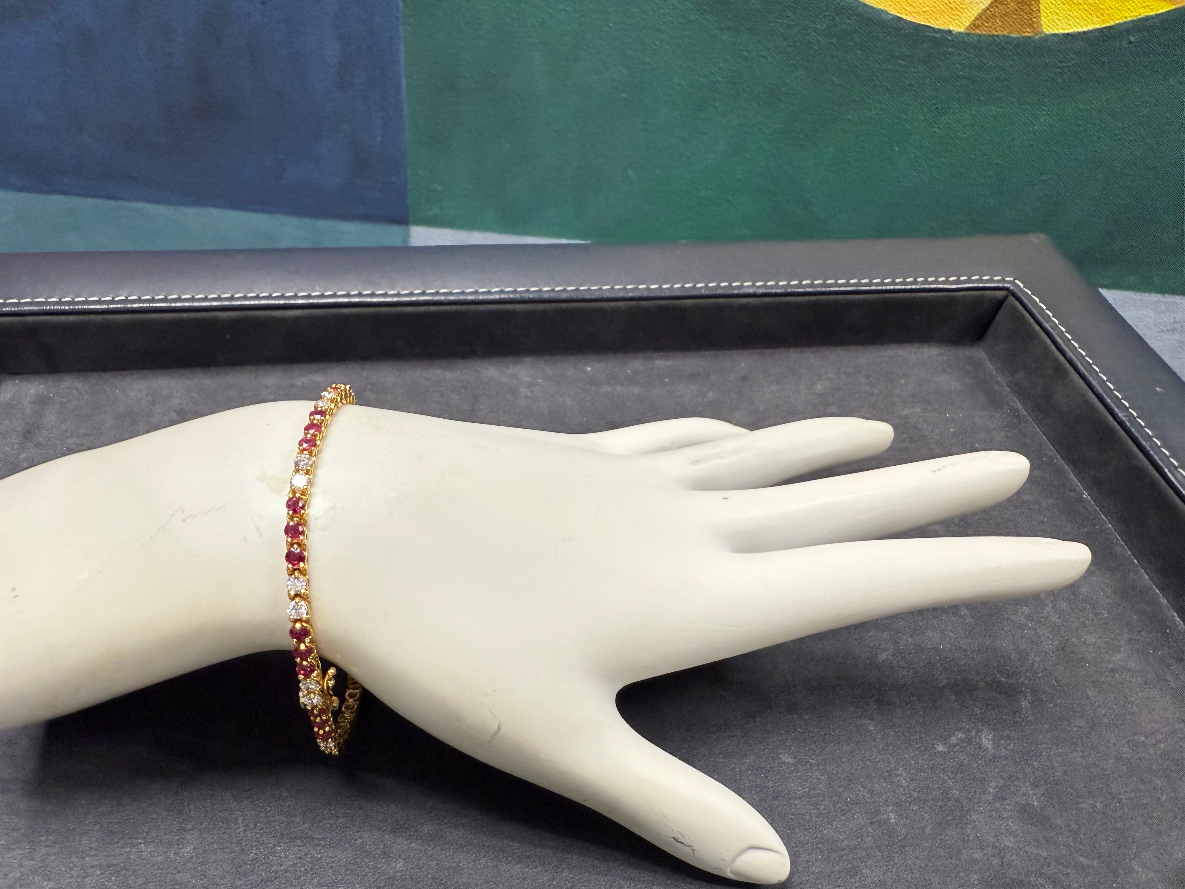 Retro 4.5 Carat Natural Colorless Diamond & Ruby Tennis Bracelet Circa 1985