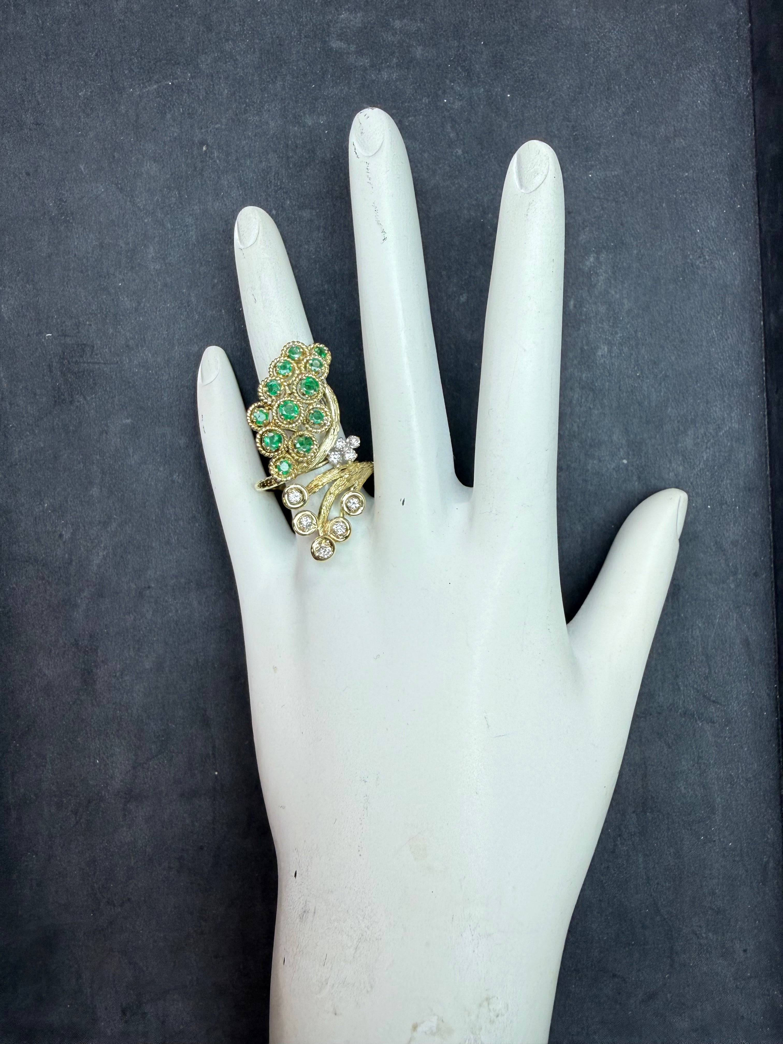 Retro Yellow Gold 0.65 CT Natural Diamond & Emerald Cocktail Ring Circa 1960