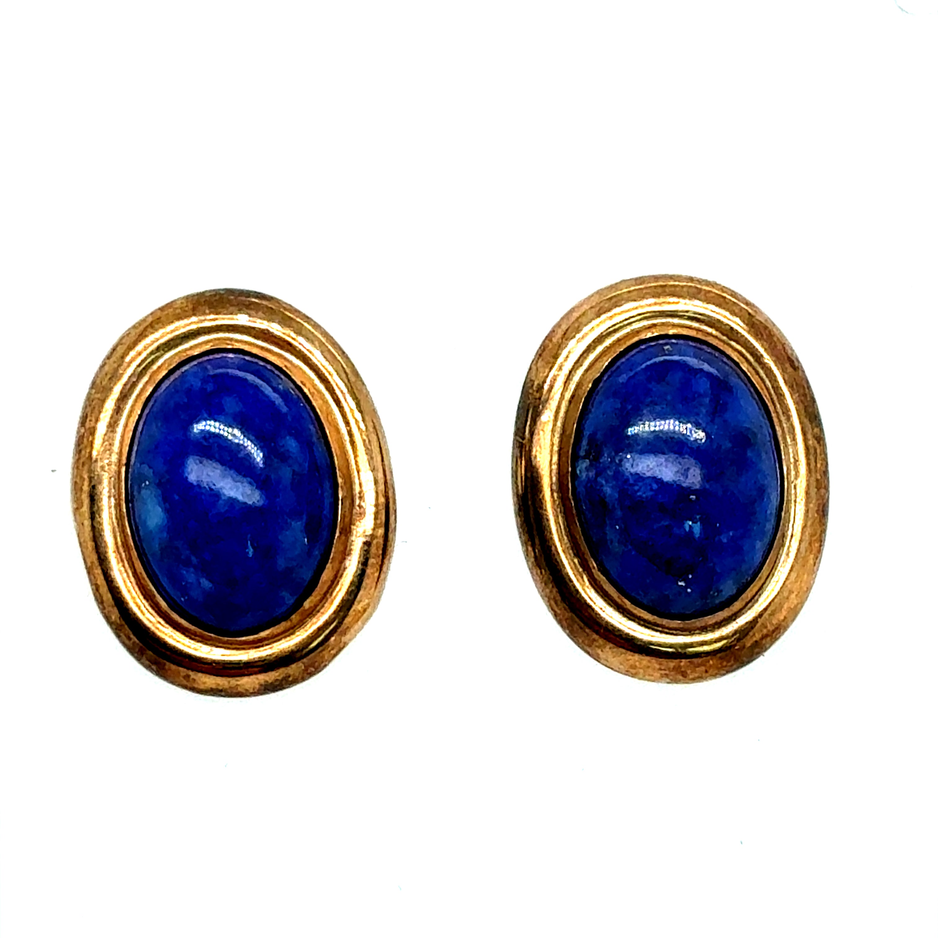 Retro Yellow Gold Oval Blue Lapis Lazuli Cabochon Statement Earrings Circa 1970