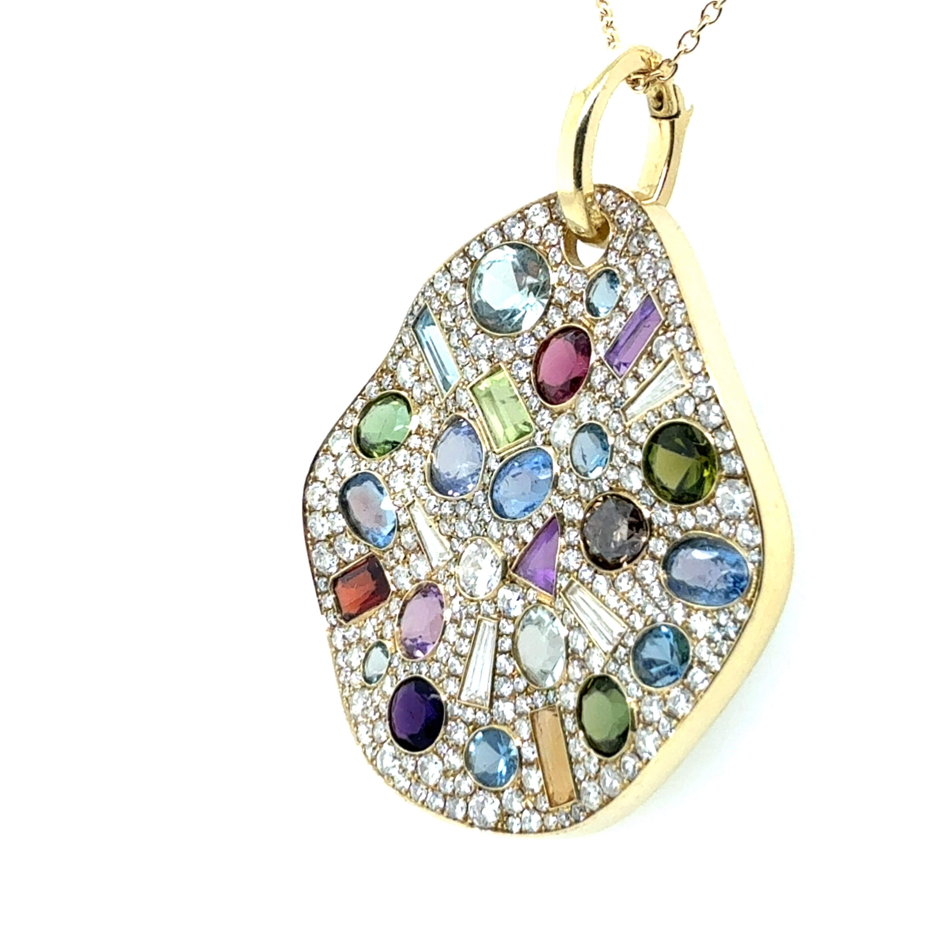Modern Yellow Gold 4 Carat Natural Diamond & Multicolor Statement Pendant