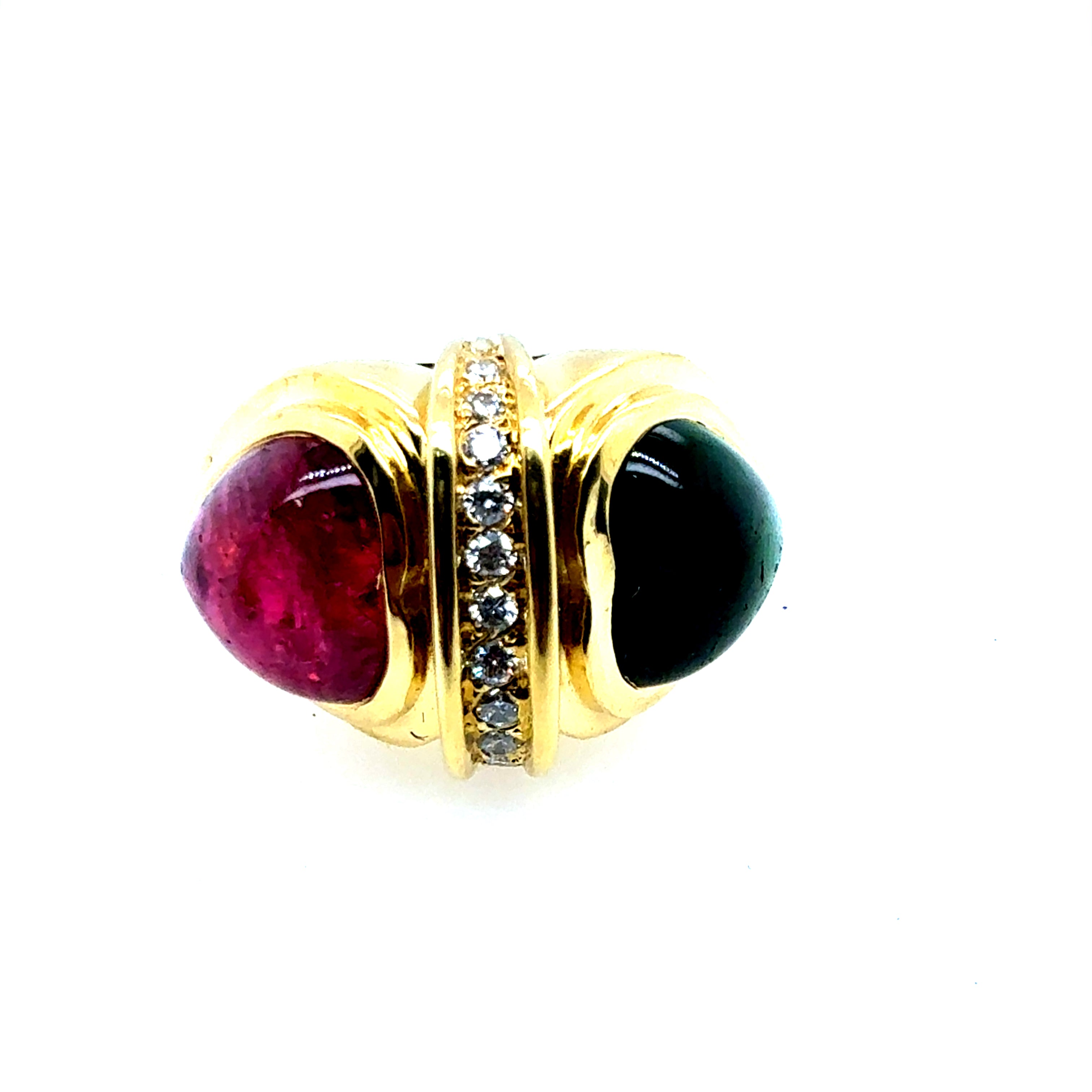 Retro Gold Natural Diamond & Tourmaline Cabochon Statement Ring Circa 1970