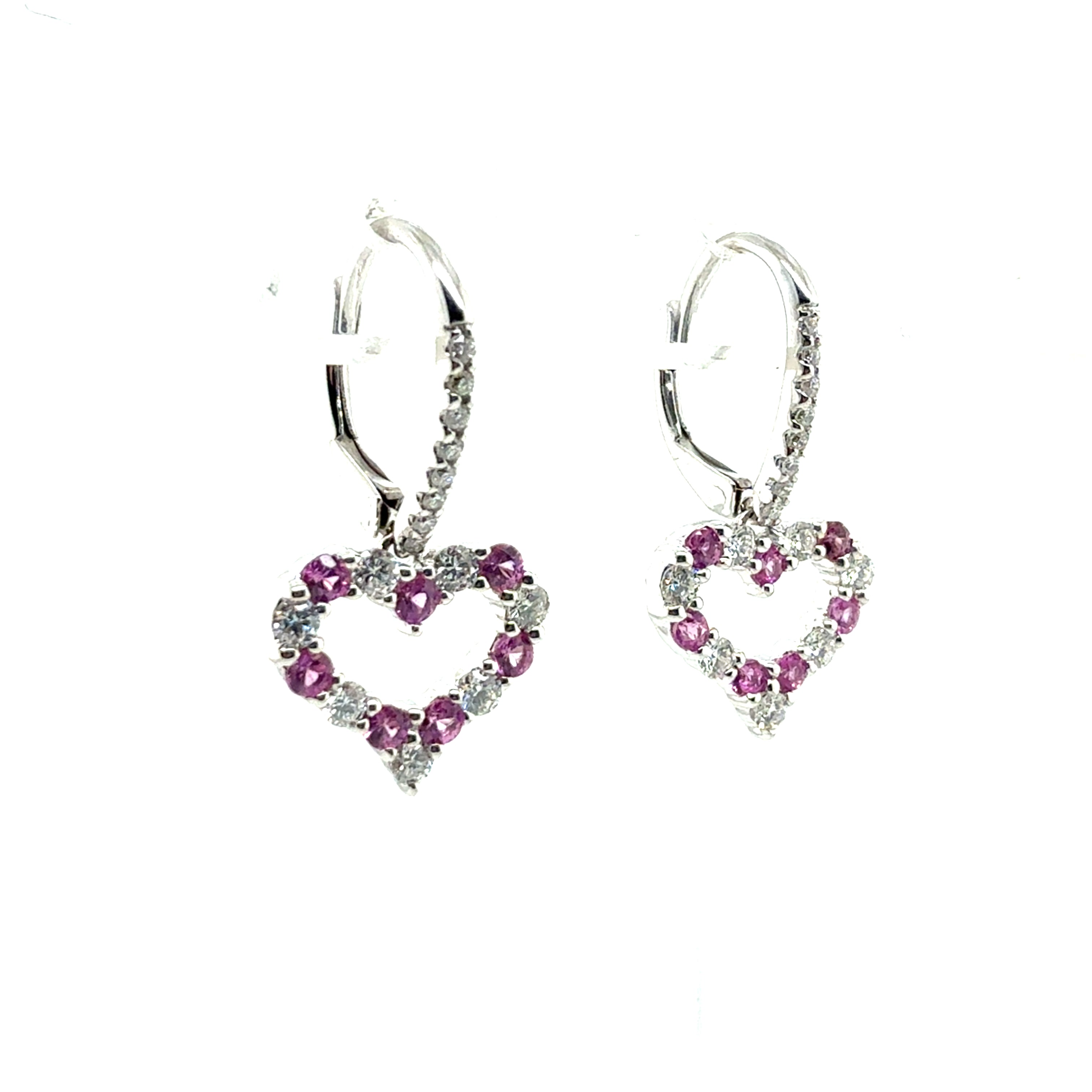 Modern White Gold 1.08 CT Natural Diamond & Pink Sapphire Heart Drop Earrings