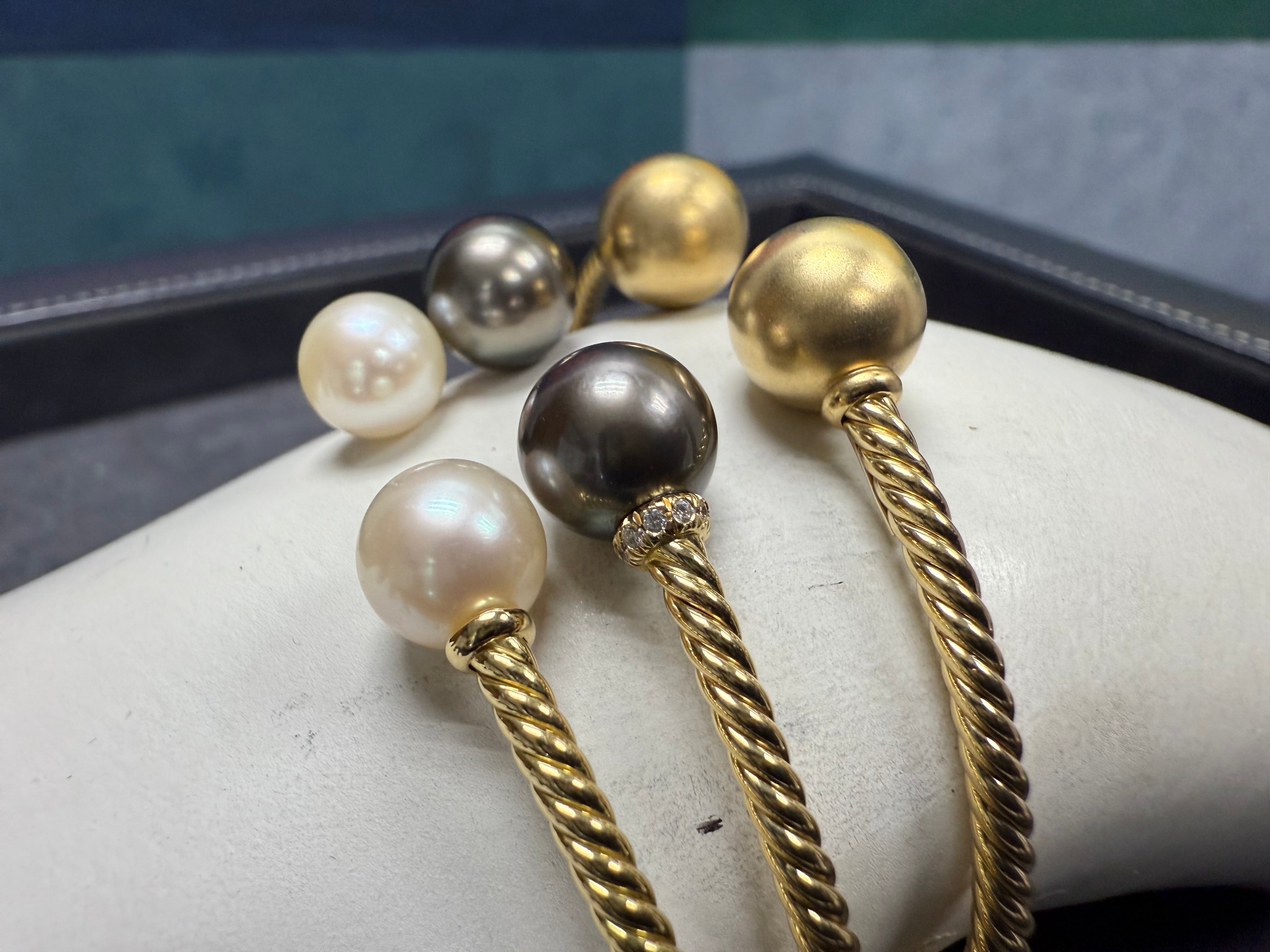 Modern Gold David Yurman Solari Pearl & Diamond Flex Bangle 3 Bracelet Set