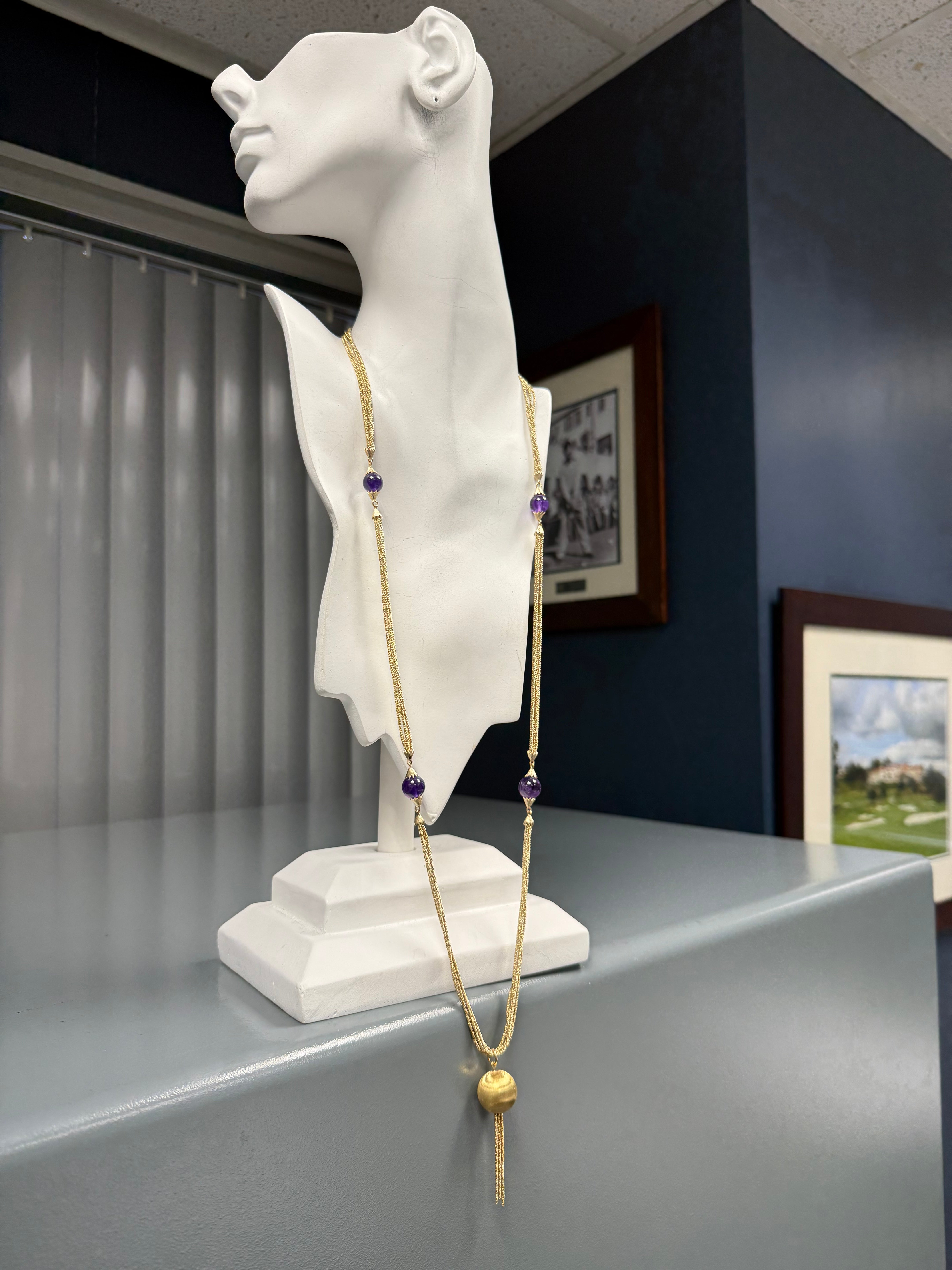 Retro 18K Gold Five Strand Amethyst Opera Necklace Circa 1970