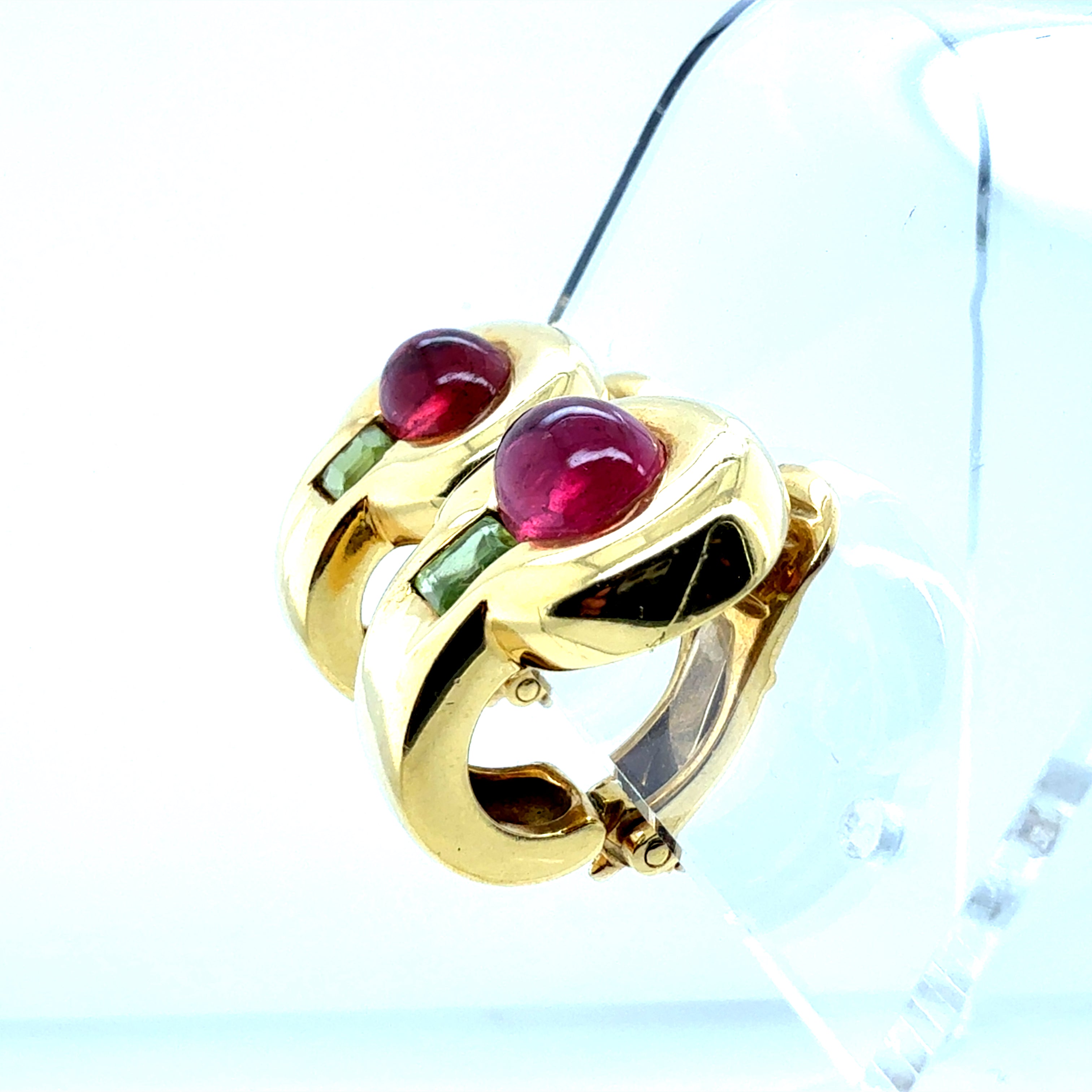 Retro Gold Natural Cabochon Tourmaline & Peridot Clip Earrings Circa 1980