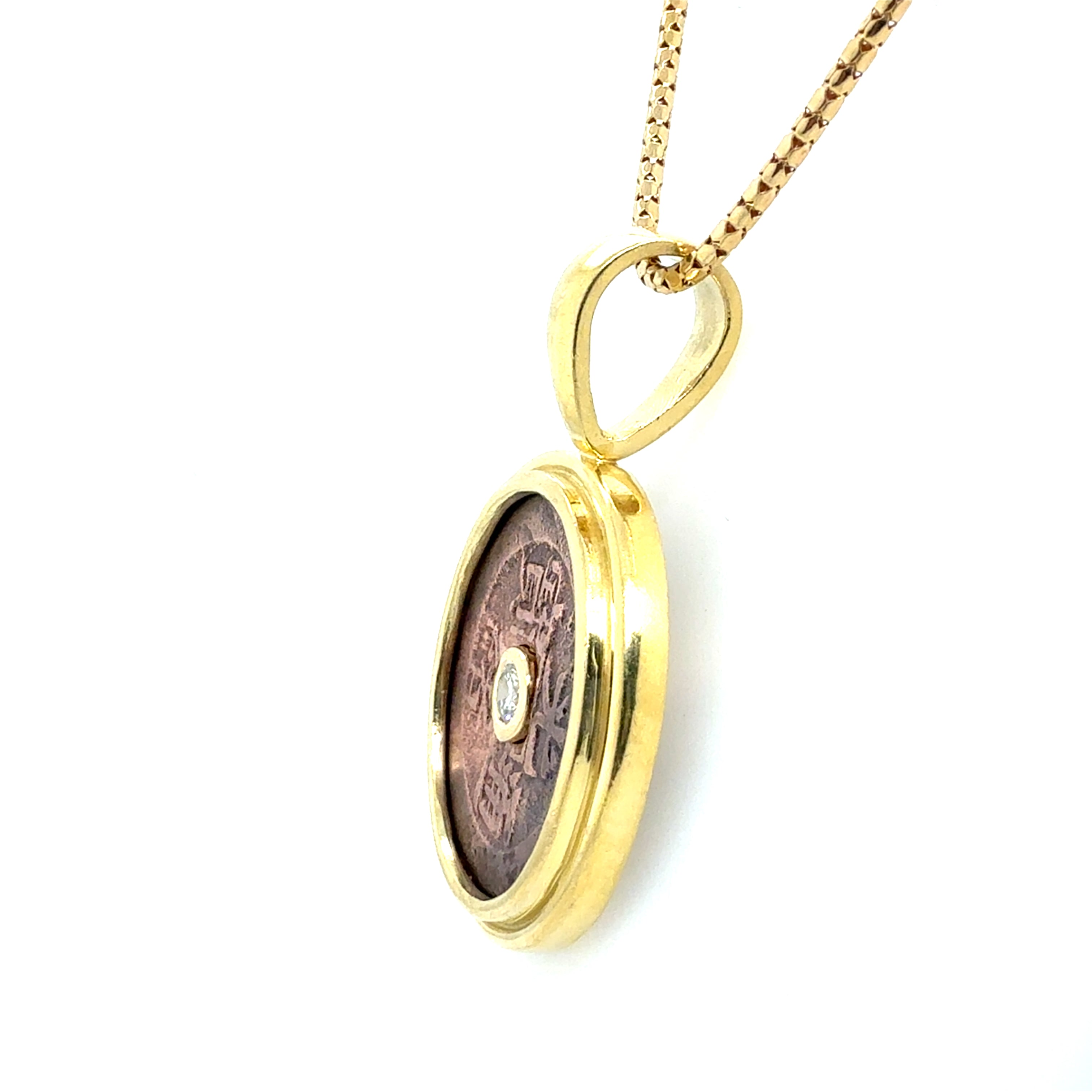 Retro Yellow Gold Chinese Bronze Coin & Diamond Pendant Circa 1980