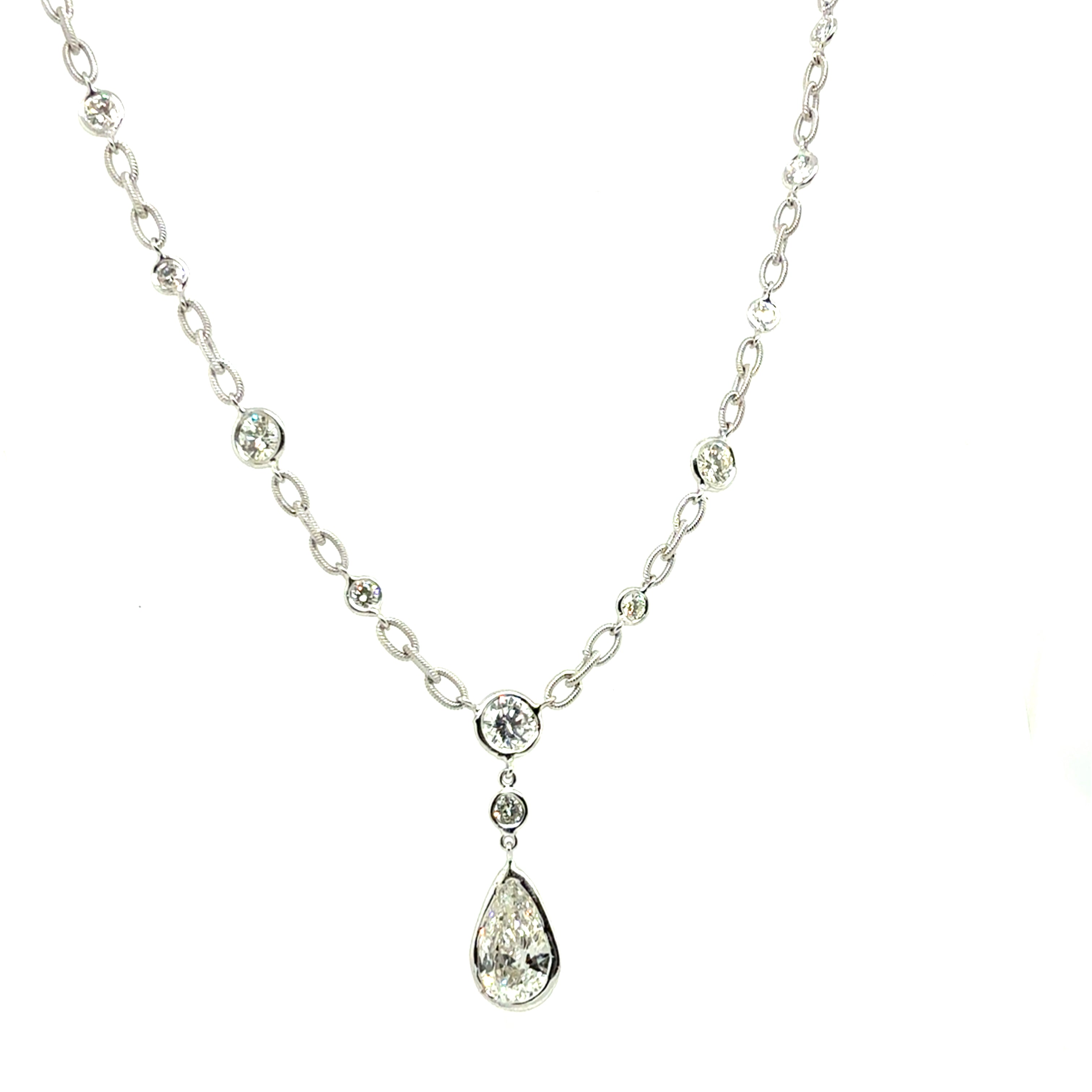 Retro Gold 3.58 Carat GIA Certified Pear & Round Natural Diamond Necklace 1990