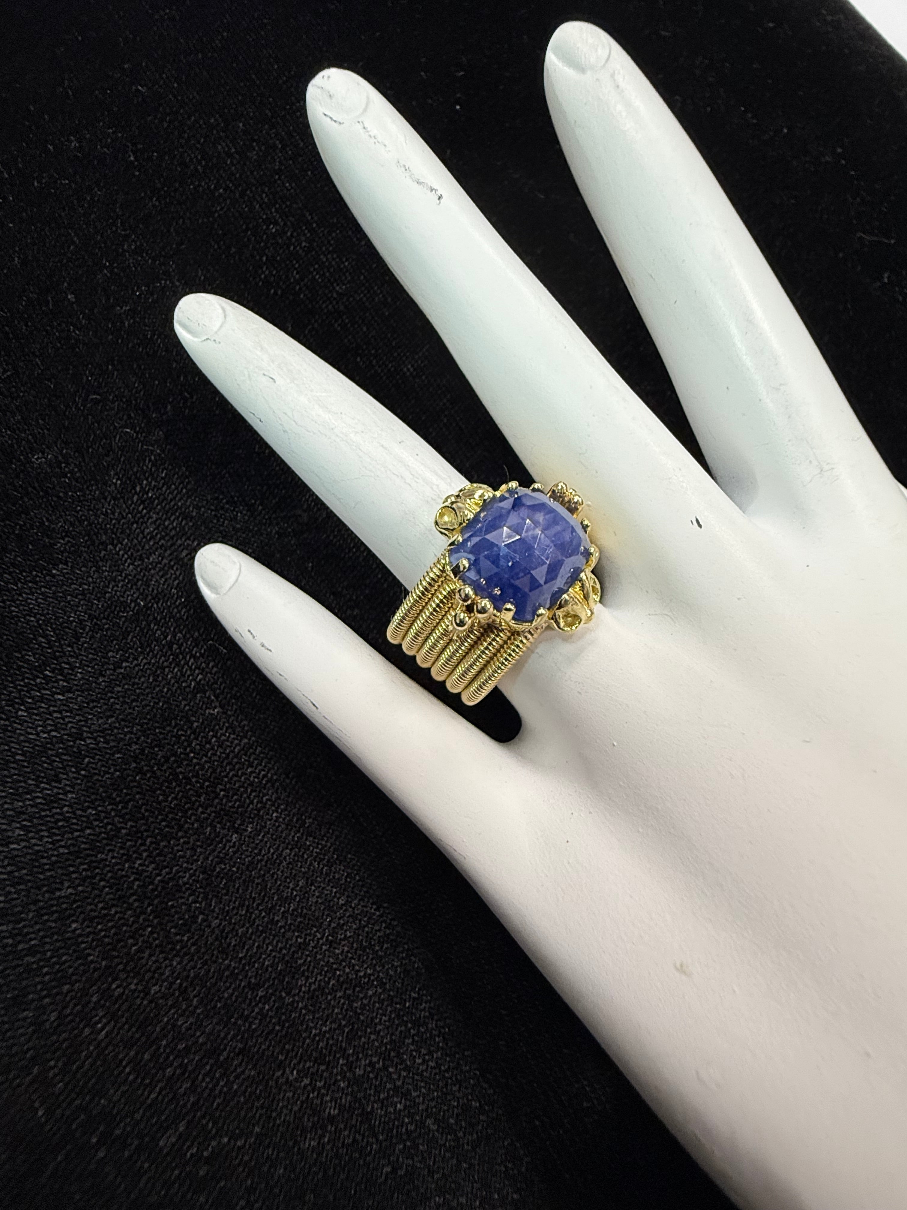 Retro Yellow Gold Natural 9 Carat Blue Rose Cut Sapphire Statement Ring