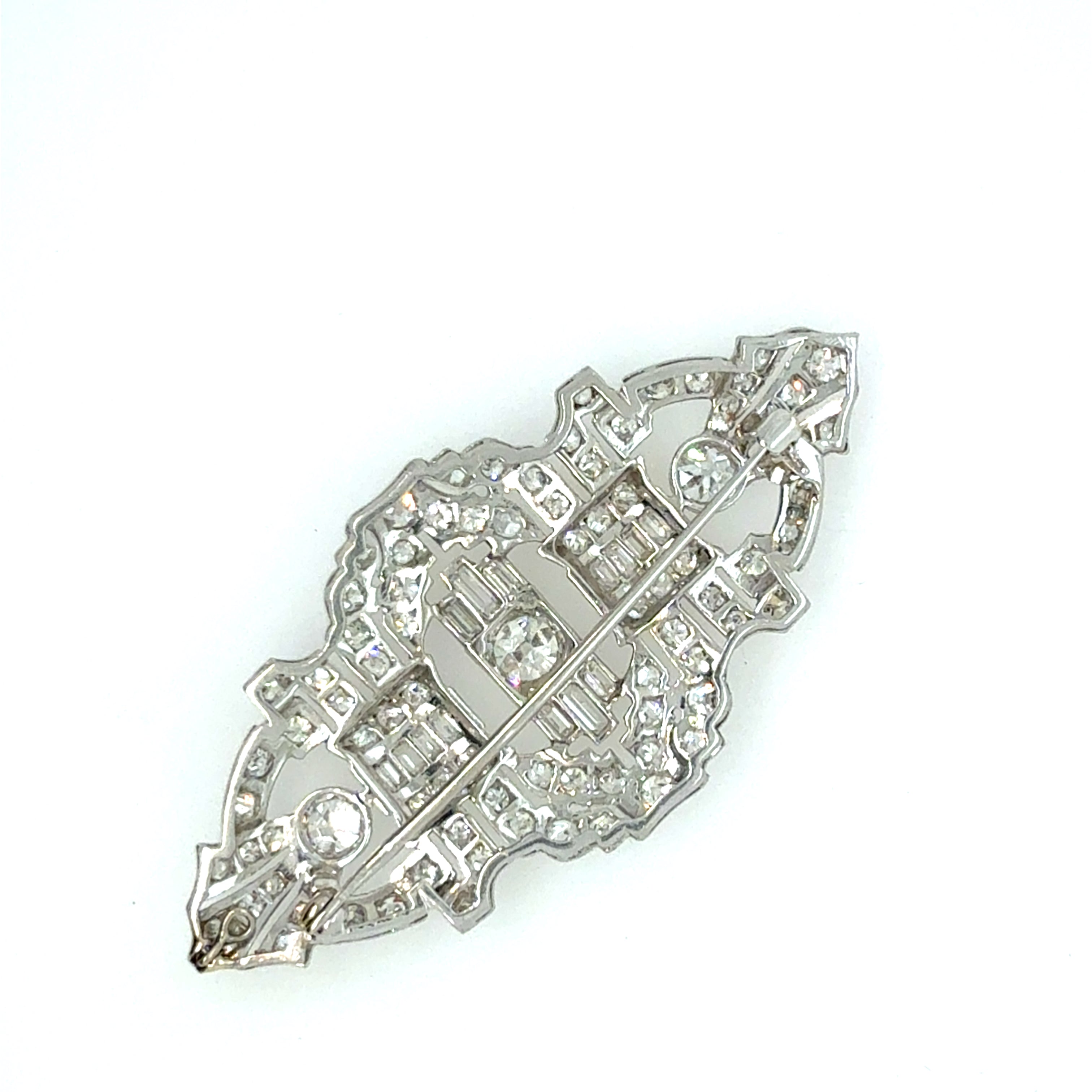 Rare Art Deco 7.5 Carat Natural Old Euro and Baguette Diamond Platinum Brooche