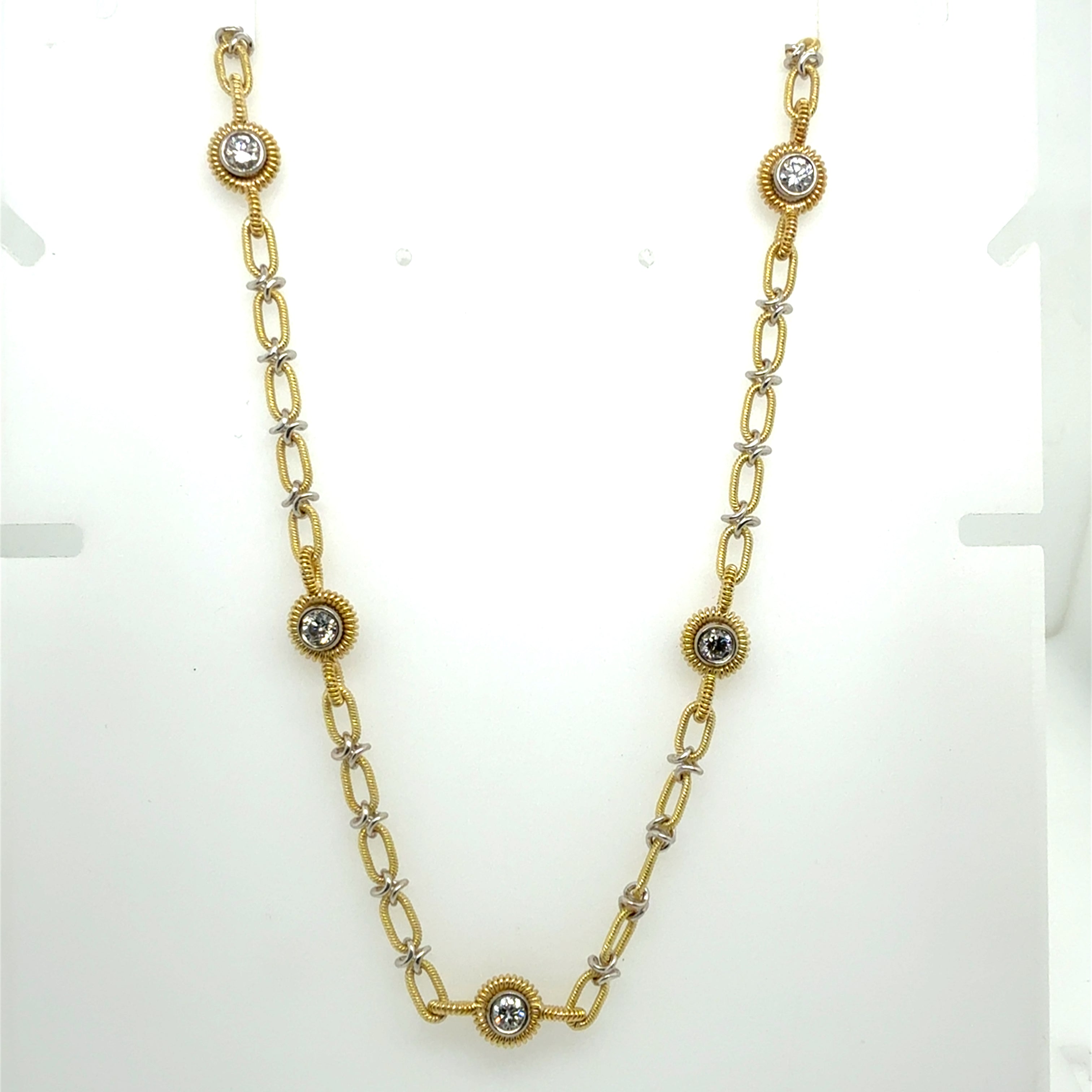 Retro Two Tone Gold 1.5 Carat Natural Diamond Statement Necklace Made in Italy