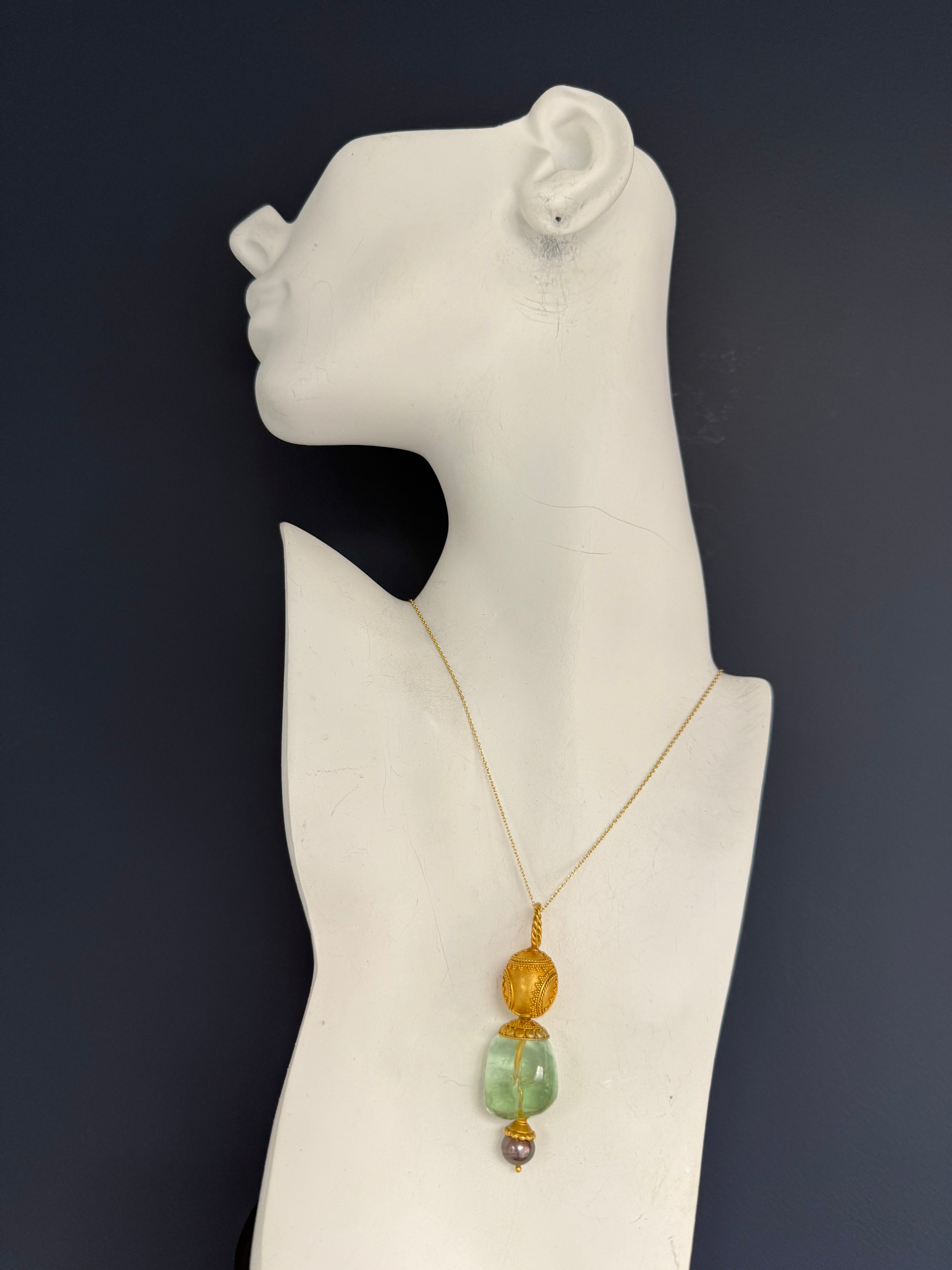 Retro Silver Statement Pendant Green Fluorite And Black Tahitian Pearl