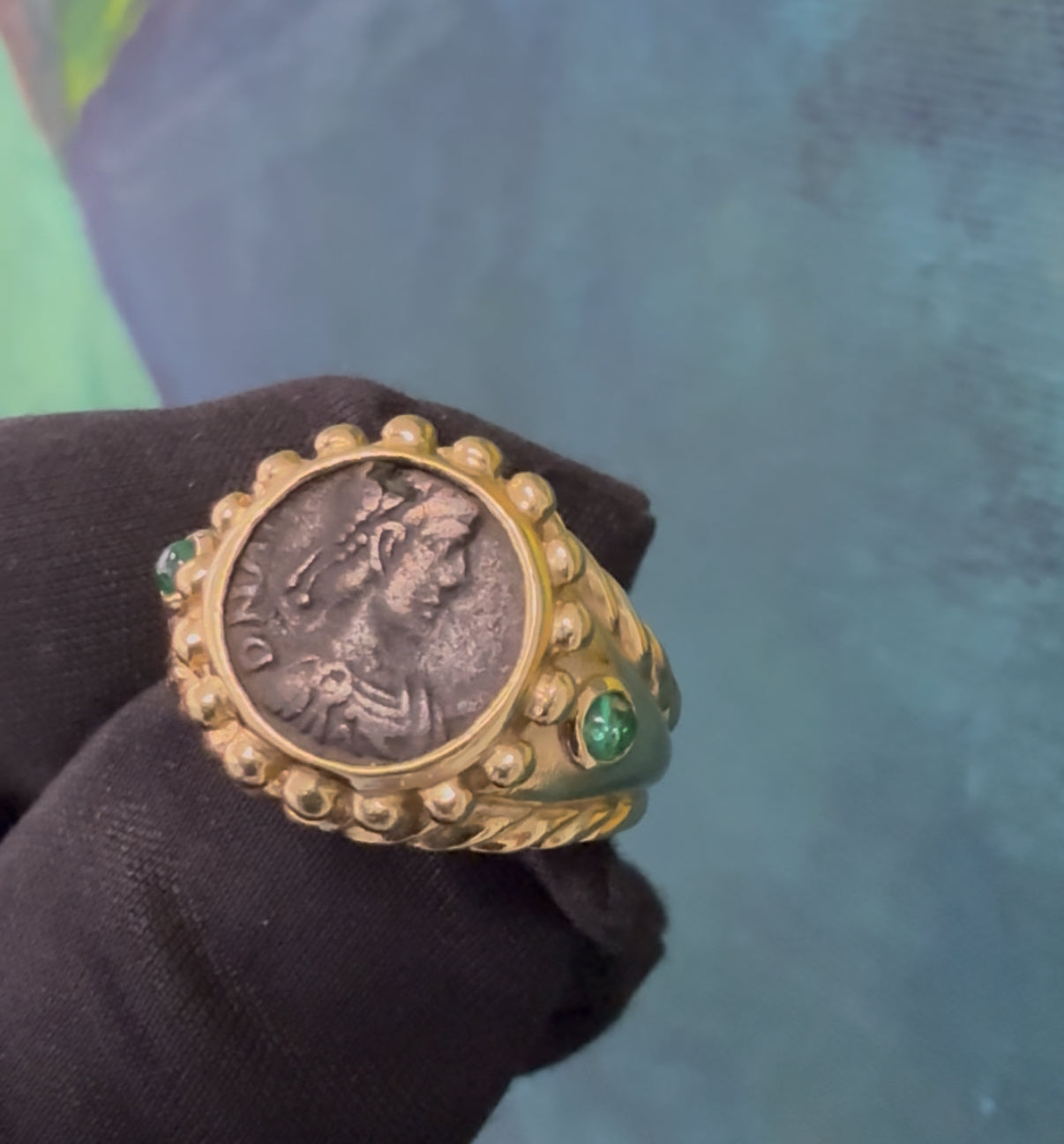 Retro Gold Roman Coin with Natural Emerald Statement Ring Circa 1980