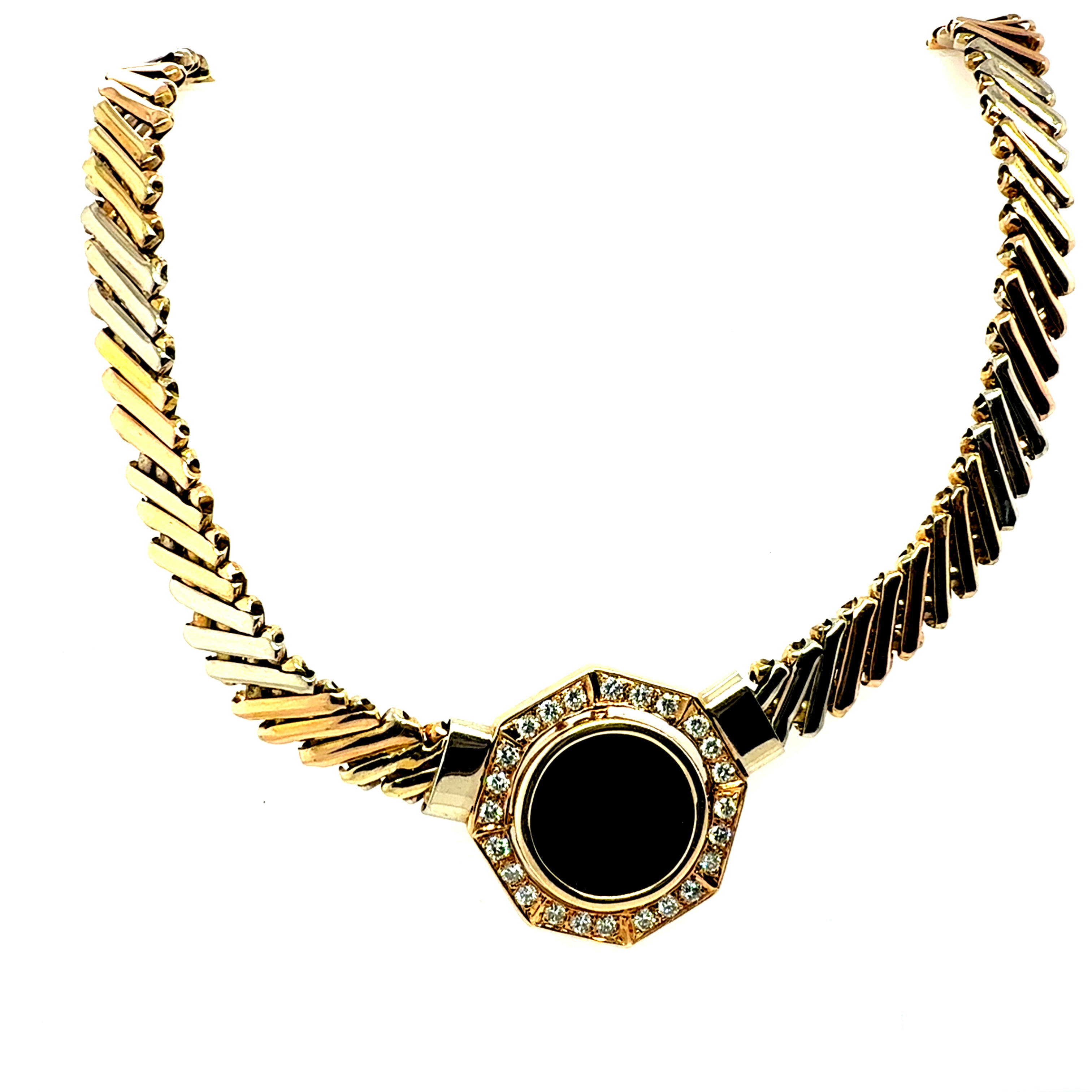 Retro Gold Tri-Color 0.75 CT Diamond and Onyx Statement Necklace Circa 1970