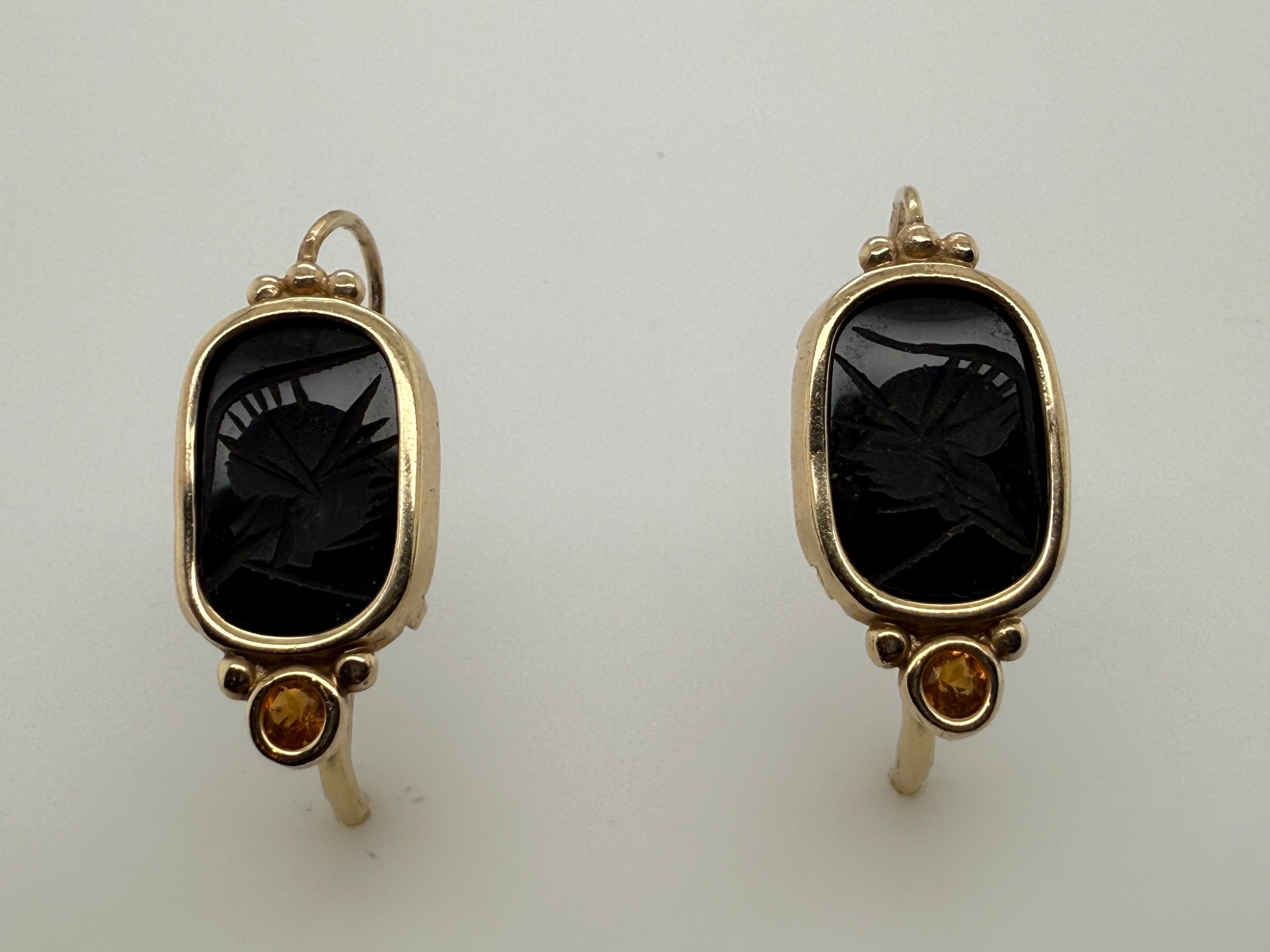Retro Gold Roman Black Onyx Intaglio Earrings with Citrine 1985