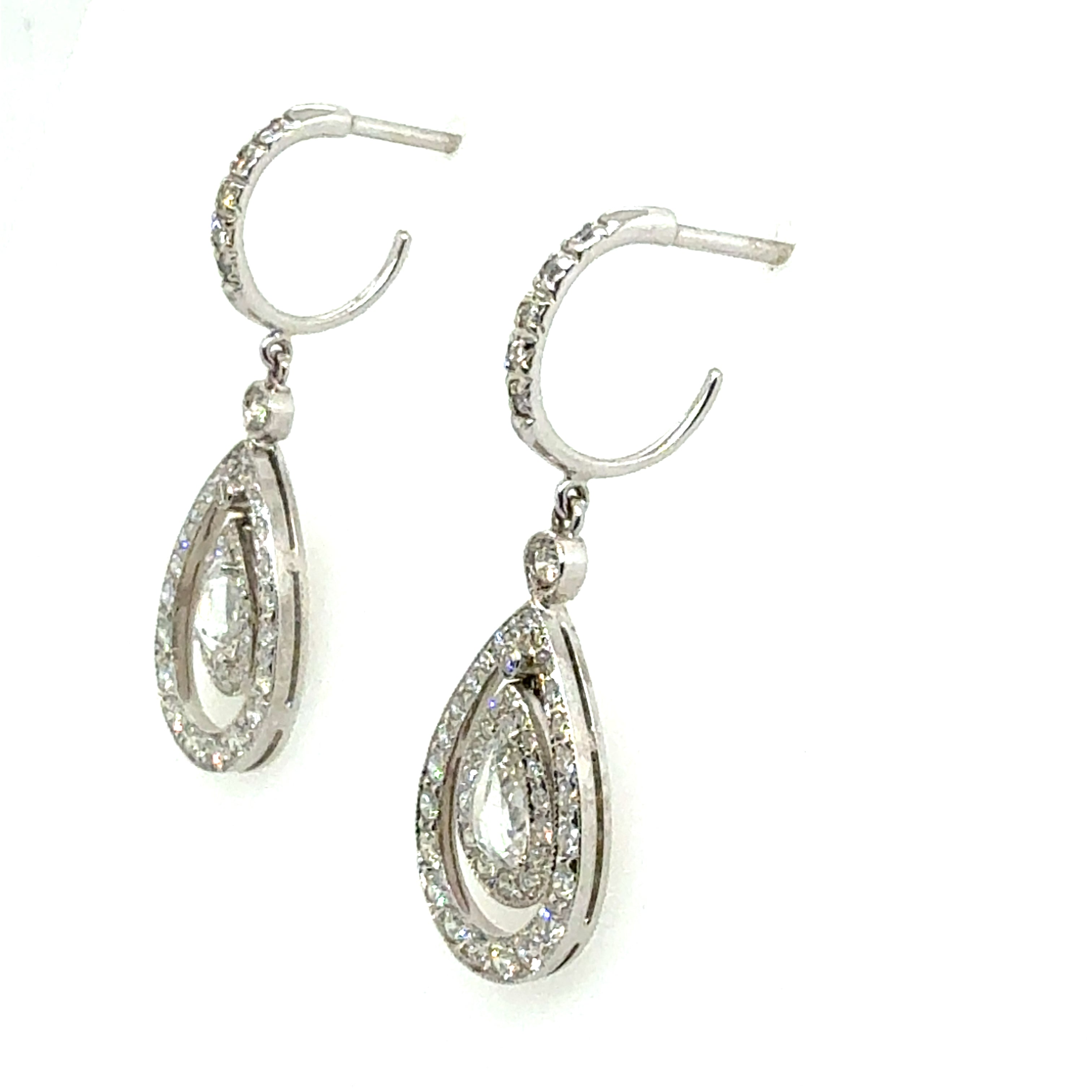 Modern Gold 1.5 Carat Natural Colorless Diamond Pear Rose Cut Drop Earrings