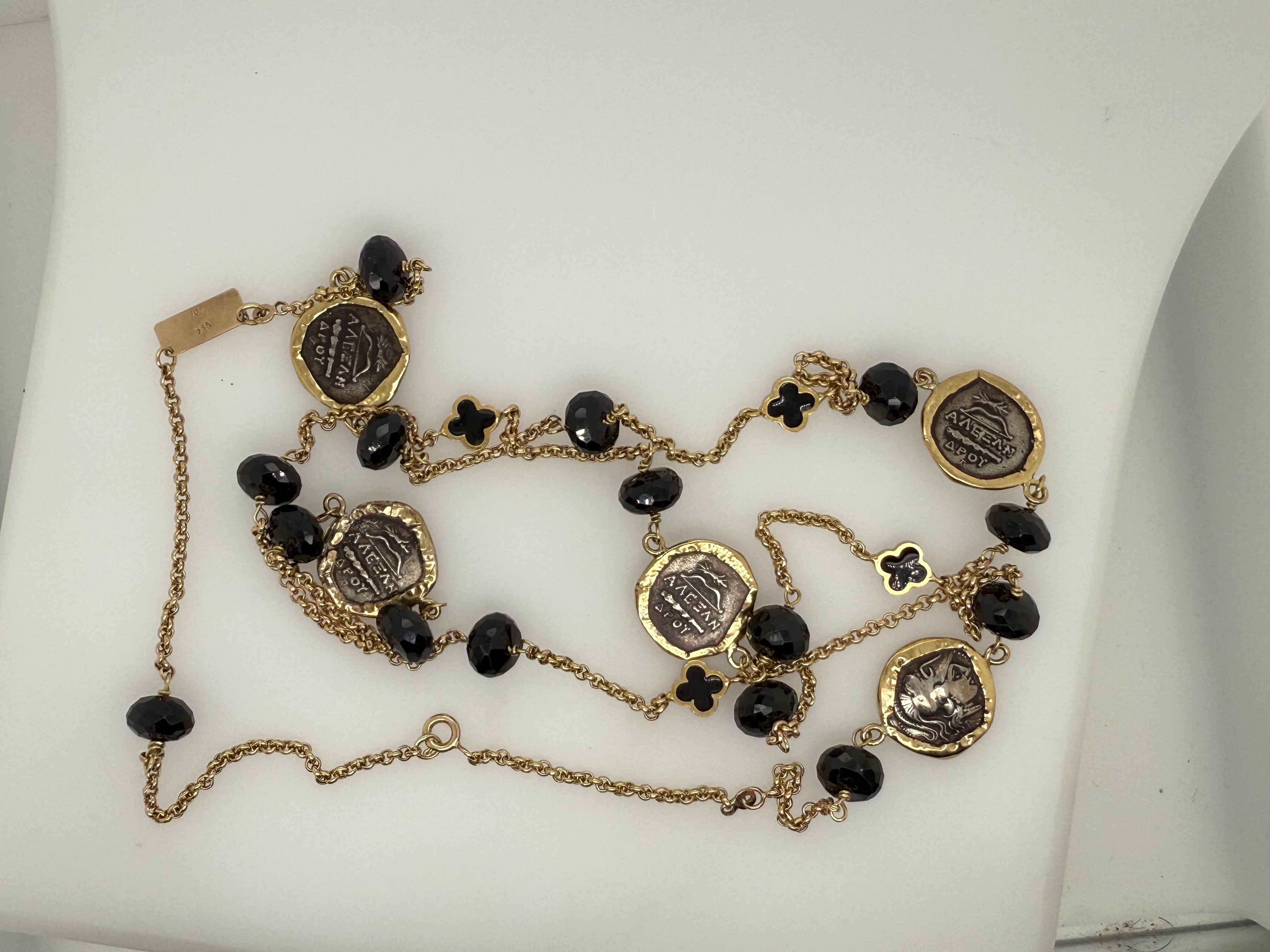 Retro Gold Ancient Greek Helios Coin 36 Inch Statement Necklace by Misento