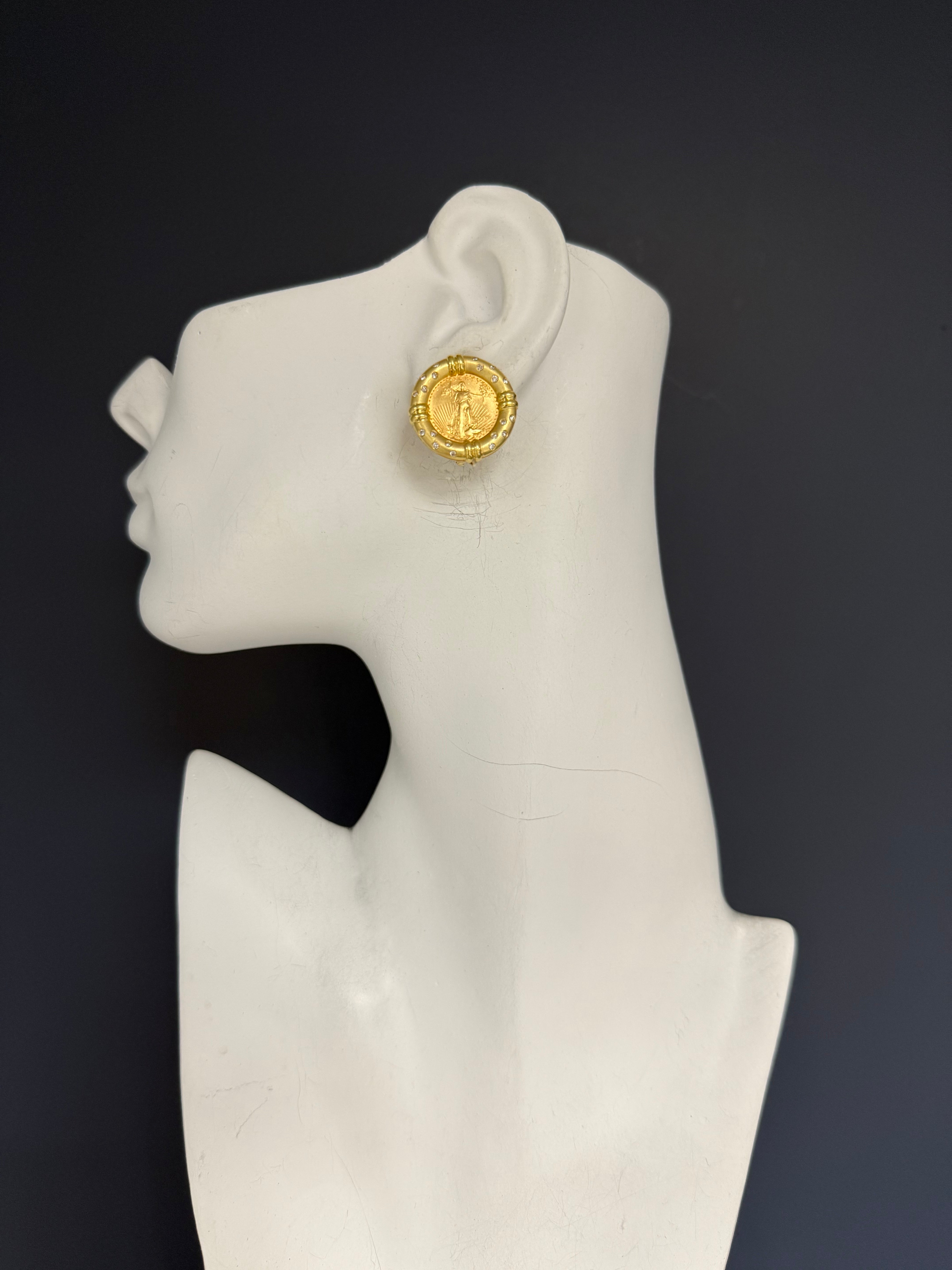 Retro Gold Liberty Coin 1/10 oz & Natural 0.4 Carat Diamond Earrings Circa 1980