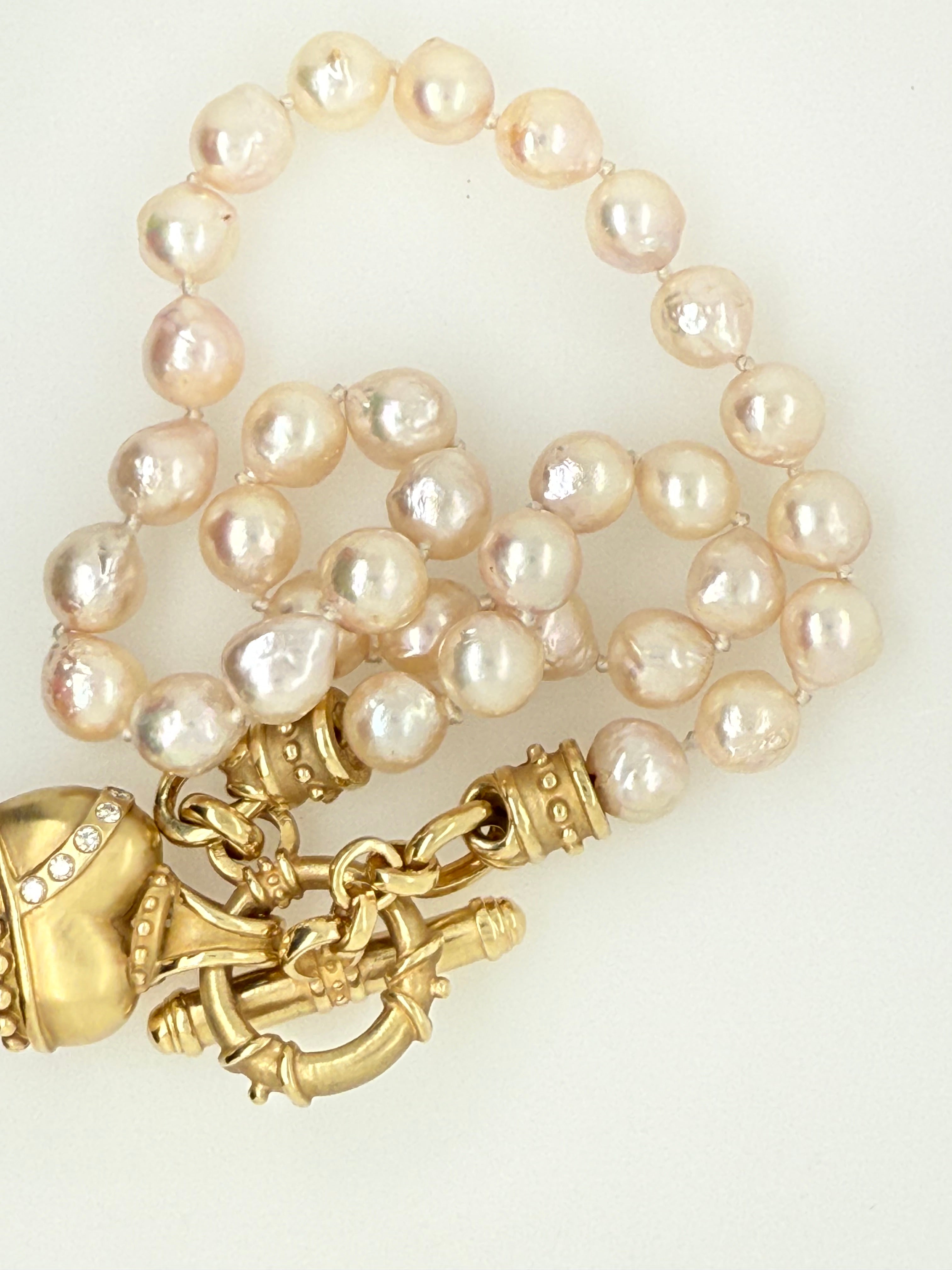 Retro Gold Natural Diamond & Pearl Statement Necklace Heart Toggle Clasp 1980
