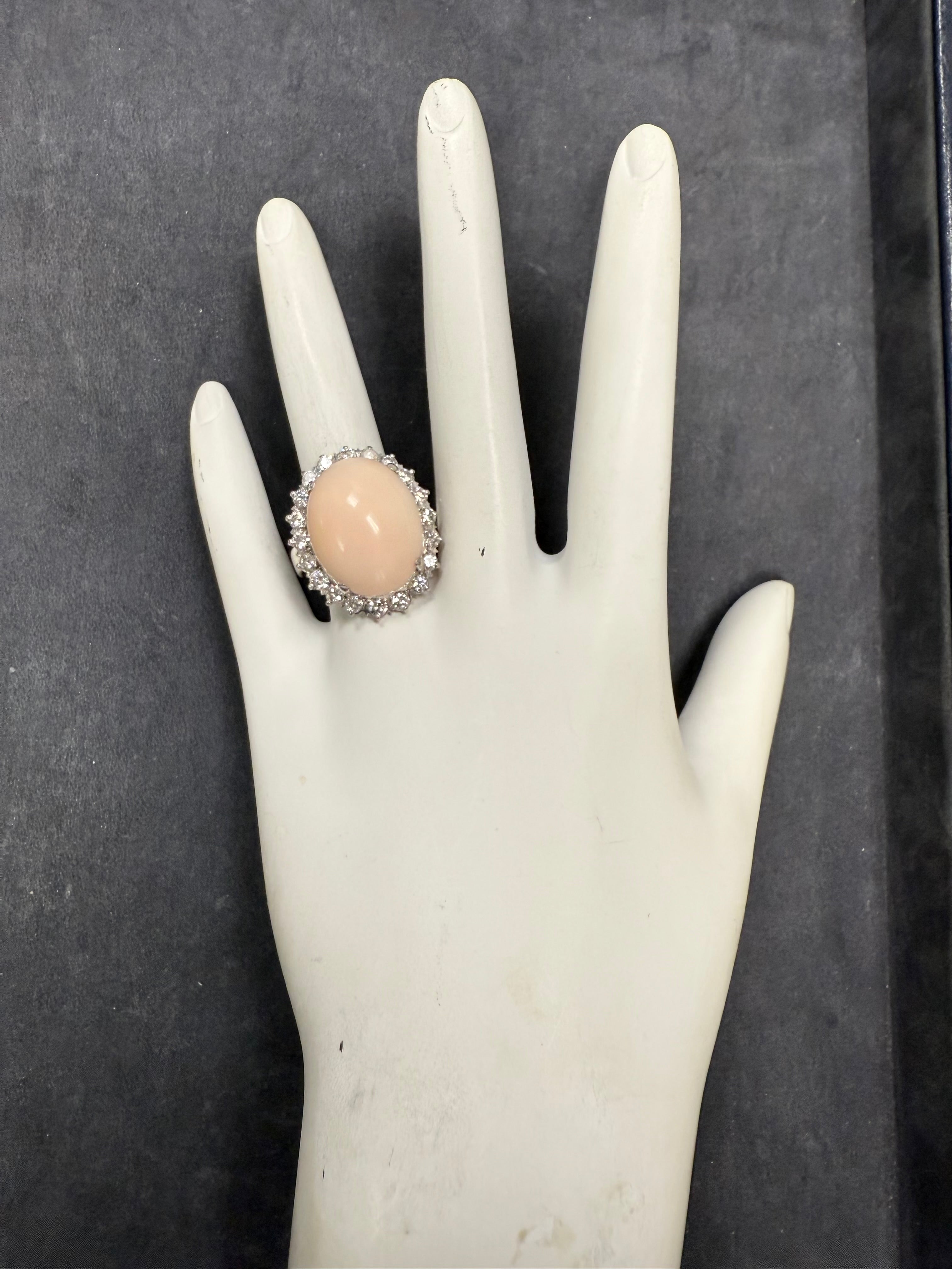 Retro White Gold Pink Coral & Natural Diamond Statement Ring Circa 1970