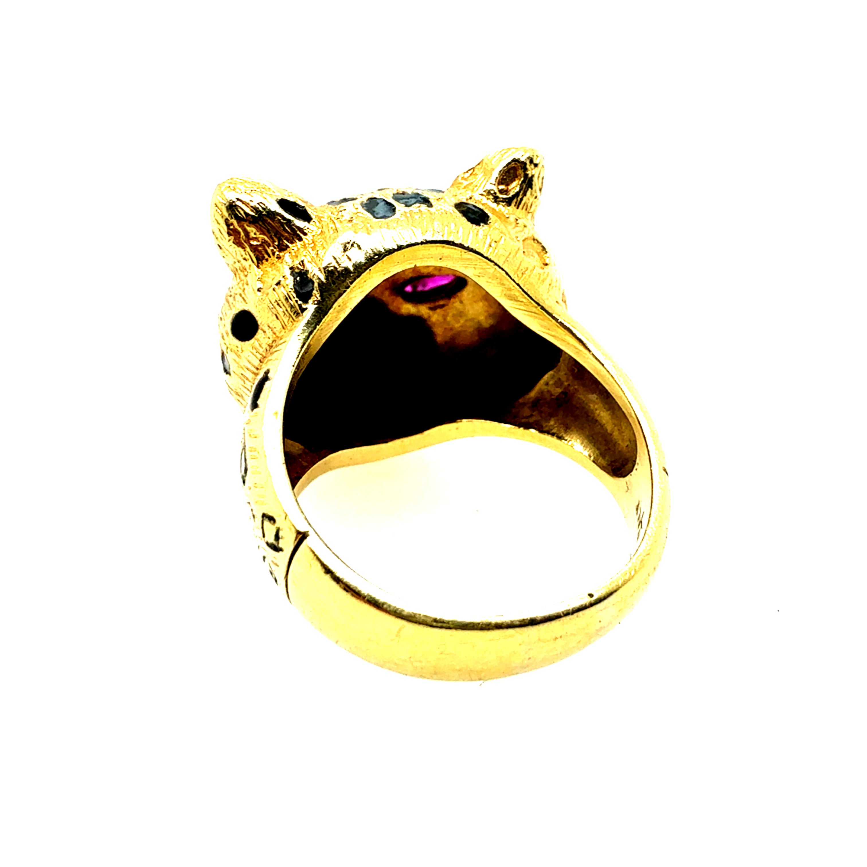 Retro Gold Natural Ruby Eyes Leopard Statement Ring Made in Italy Circa 1990