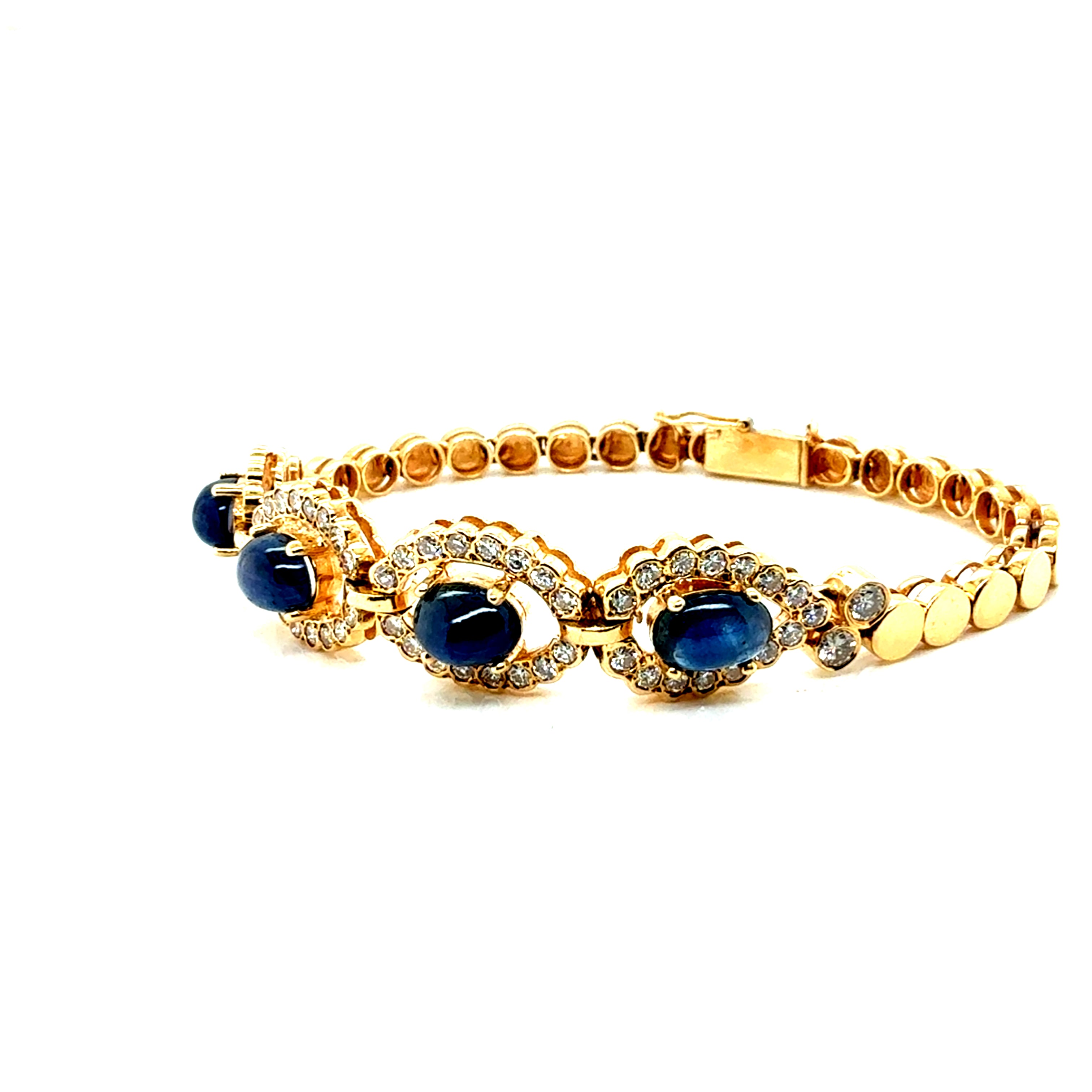 Retro Gold 6 Carat Natural Diamond & Blue Sapphire CAB Bracelet Circa 1980