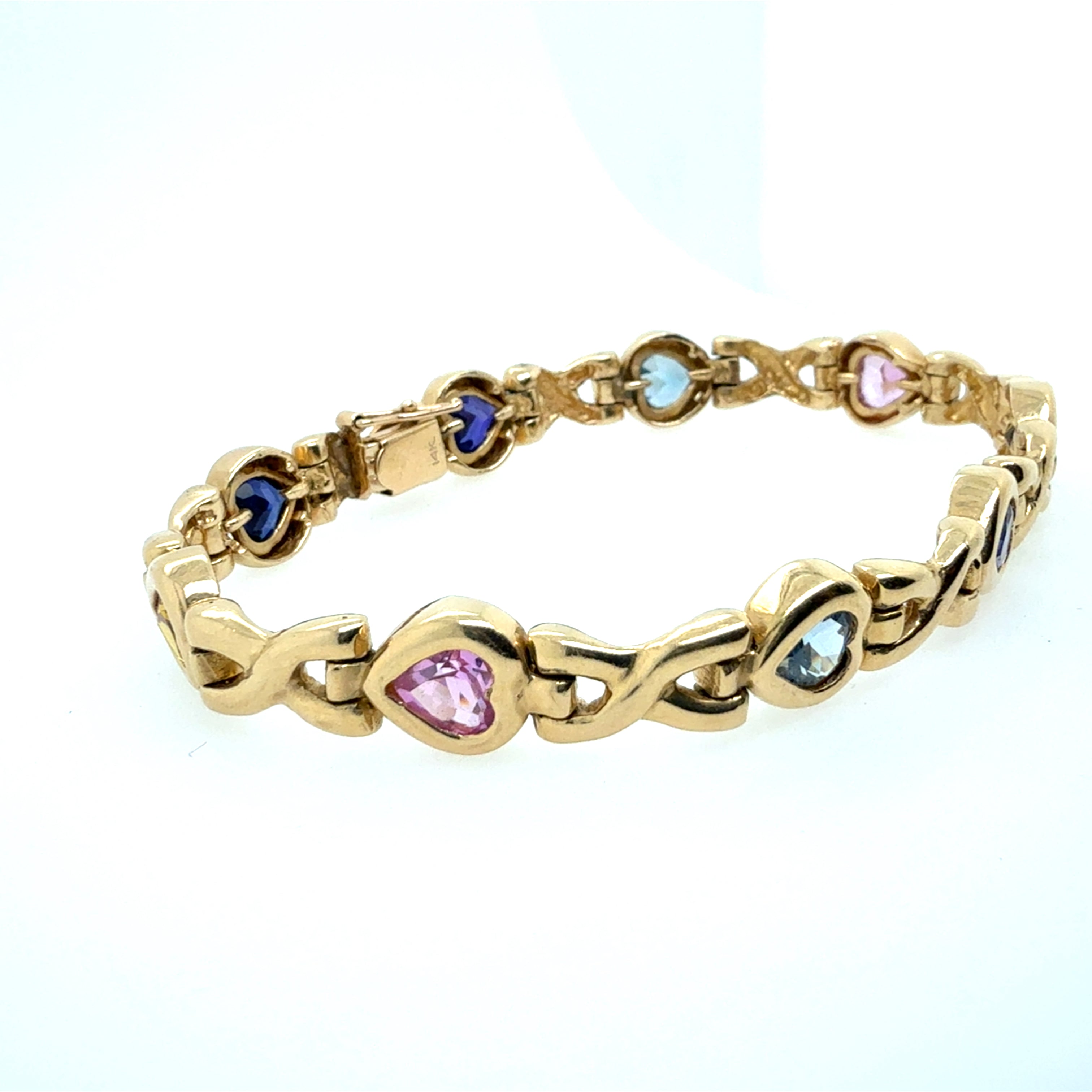Retro 14K Yellow Gold Natural Multicolor Gem Heart Statement Bracelet Circa 1980