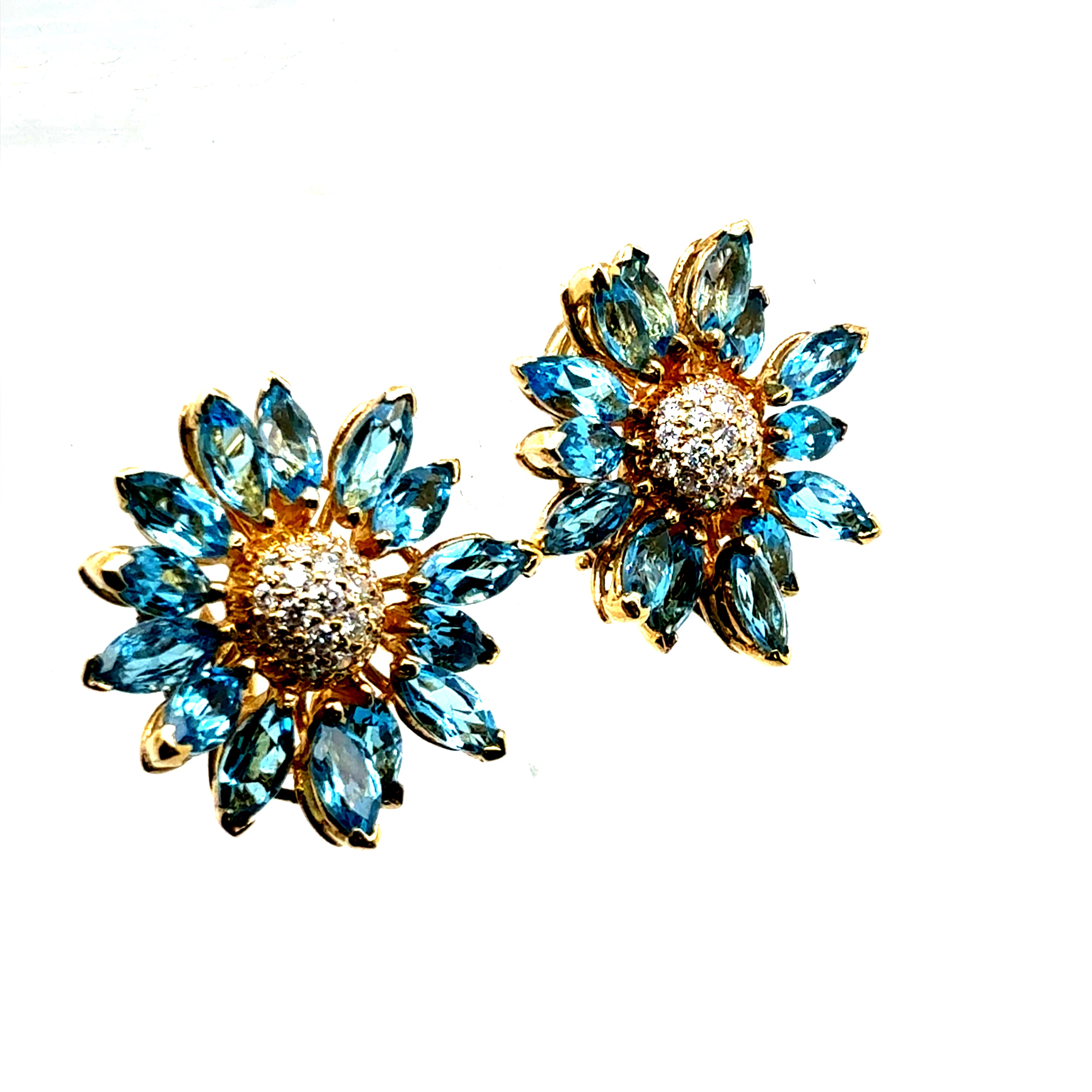 Retro Gold Natural Marquise London Blue Topaz Diamond Floral Earrings Circa 1970