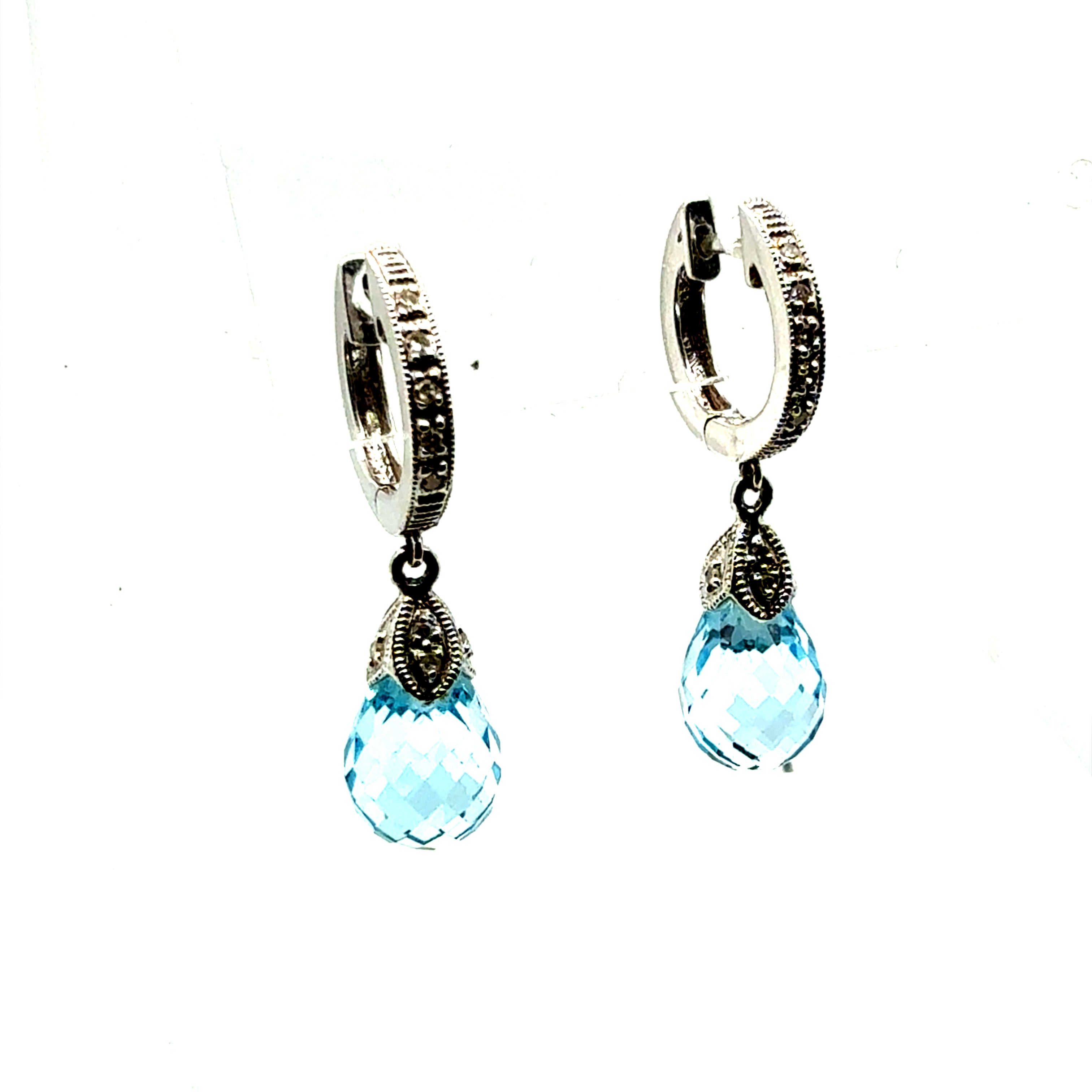 Modern 14K White Gold Blue Topaz Briolette & Natural Diamond Drop Earrings