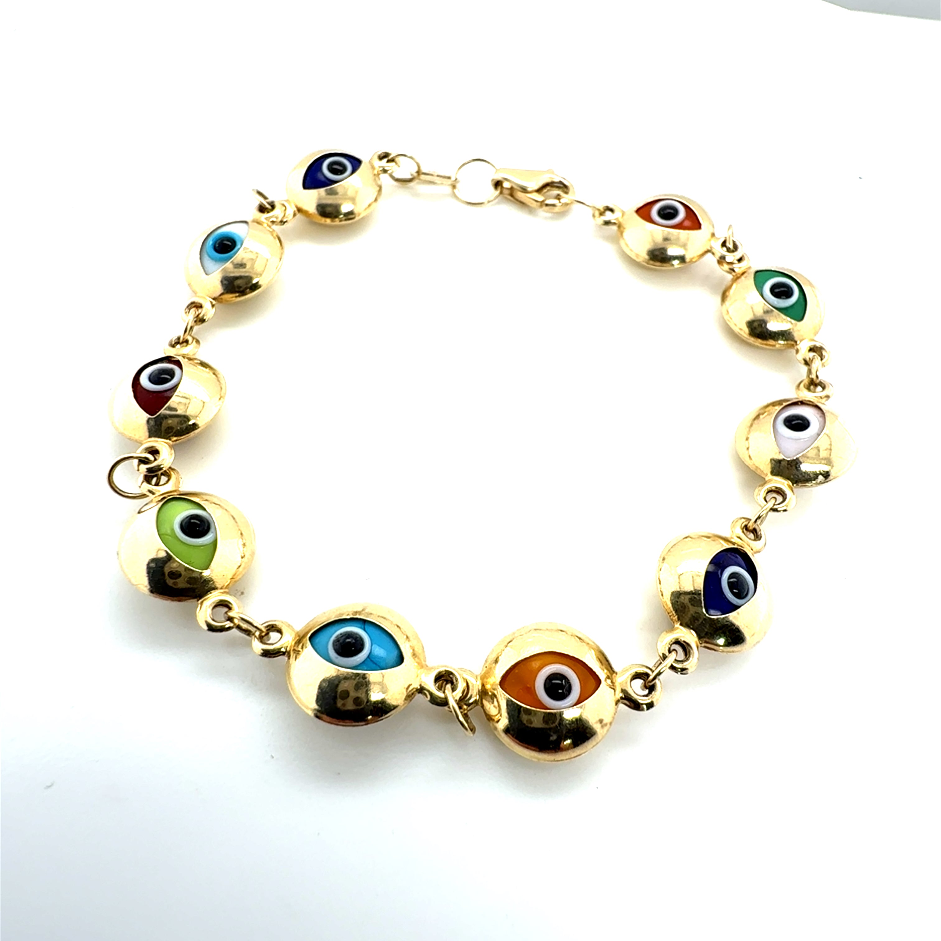 Elegant 14K Gold Lucky Eye Bracelet with Multicolor Details, 6.75” Long