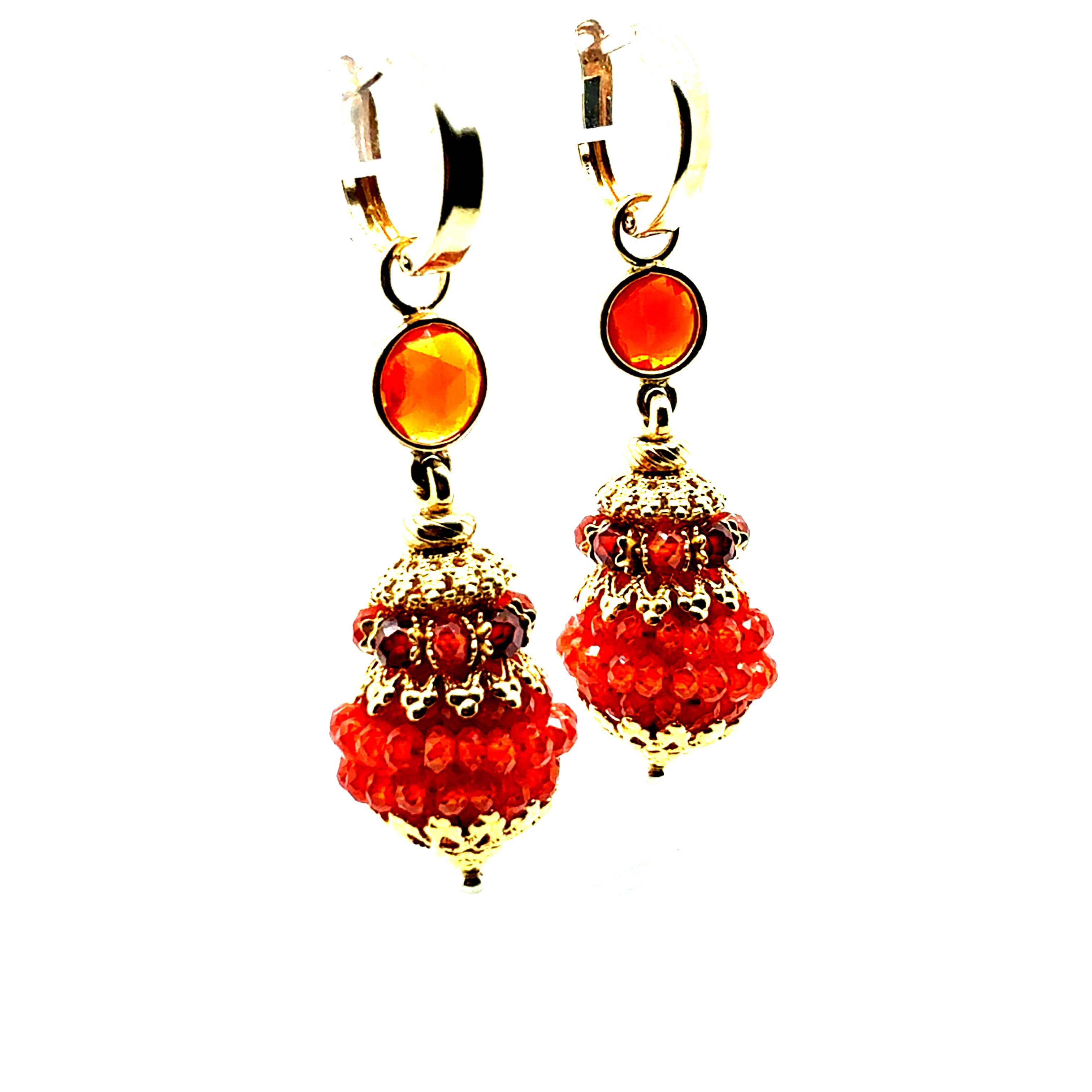 Retro Gold Drop Earrings with Layered Orange Mexican Rose Cut Opals