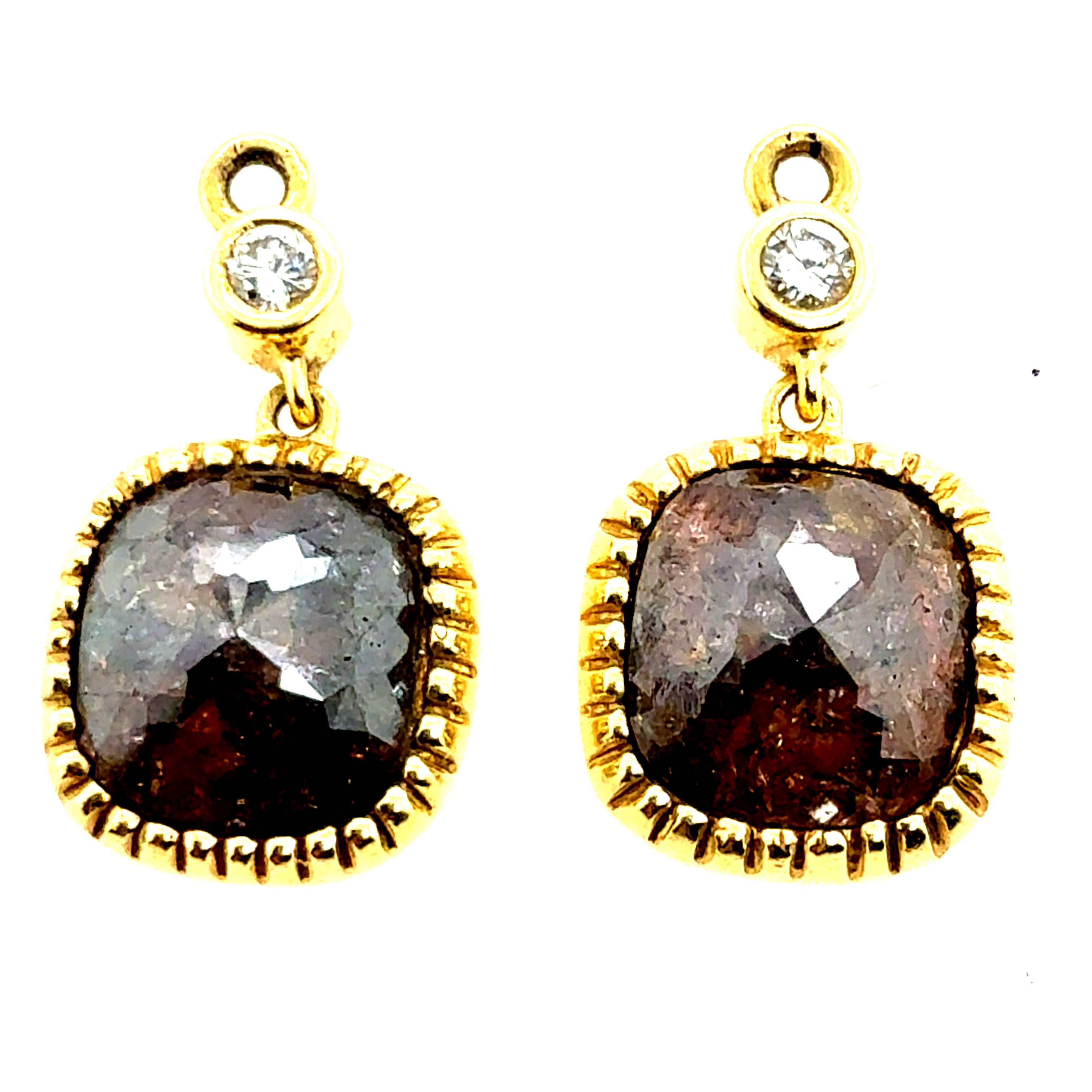 Retro Gold Champagne Brown Rose Cut Natural Diamond Drop Earrings Circa 1980