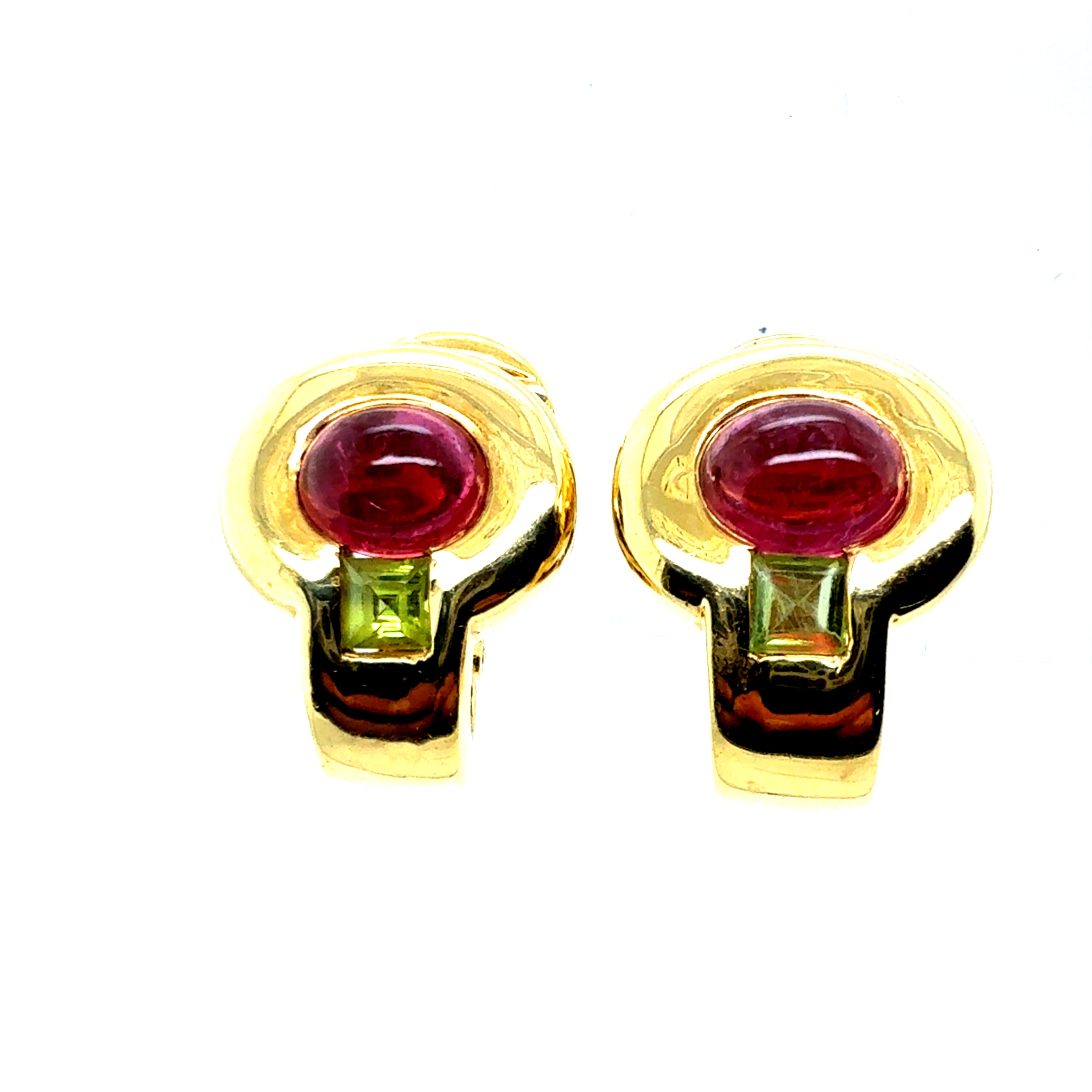 Retro Gold Natural Cabochon Tourmaline & Peridot Clip Earrings Circa 1980