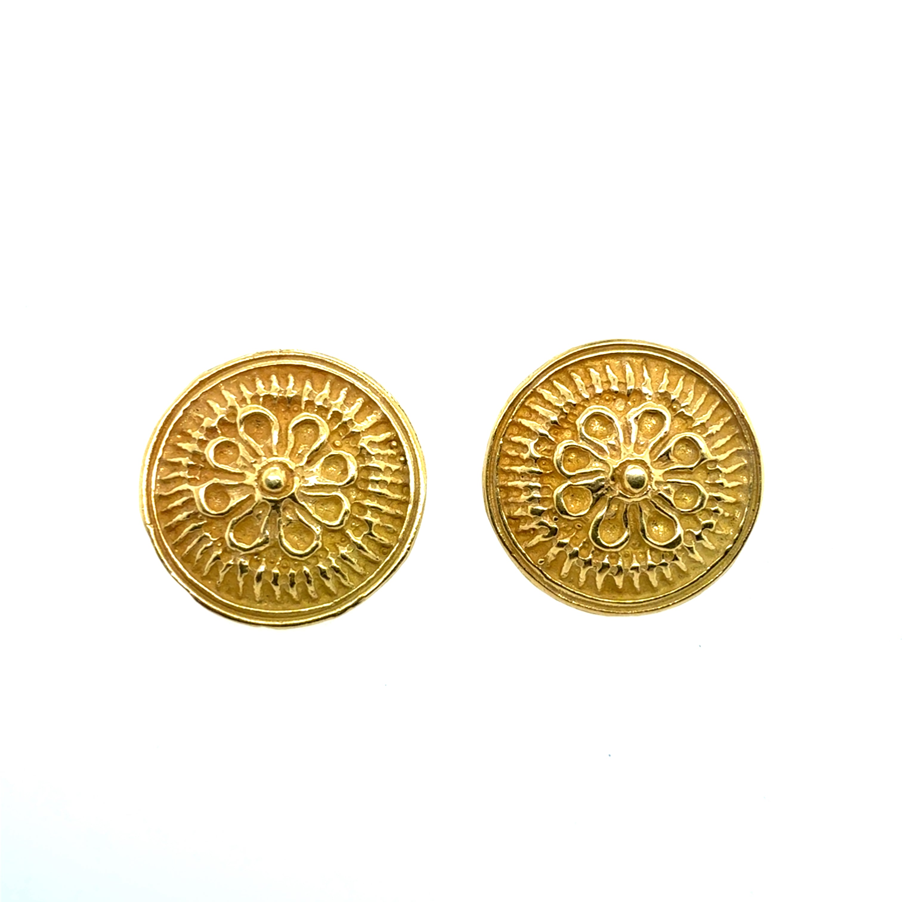 Retro 18K Yellow Gold Circular Floral Statement Earrings