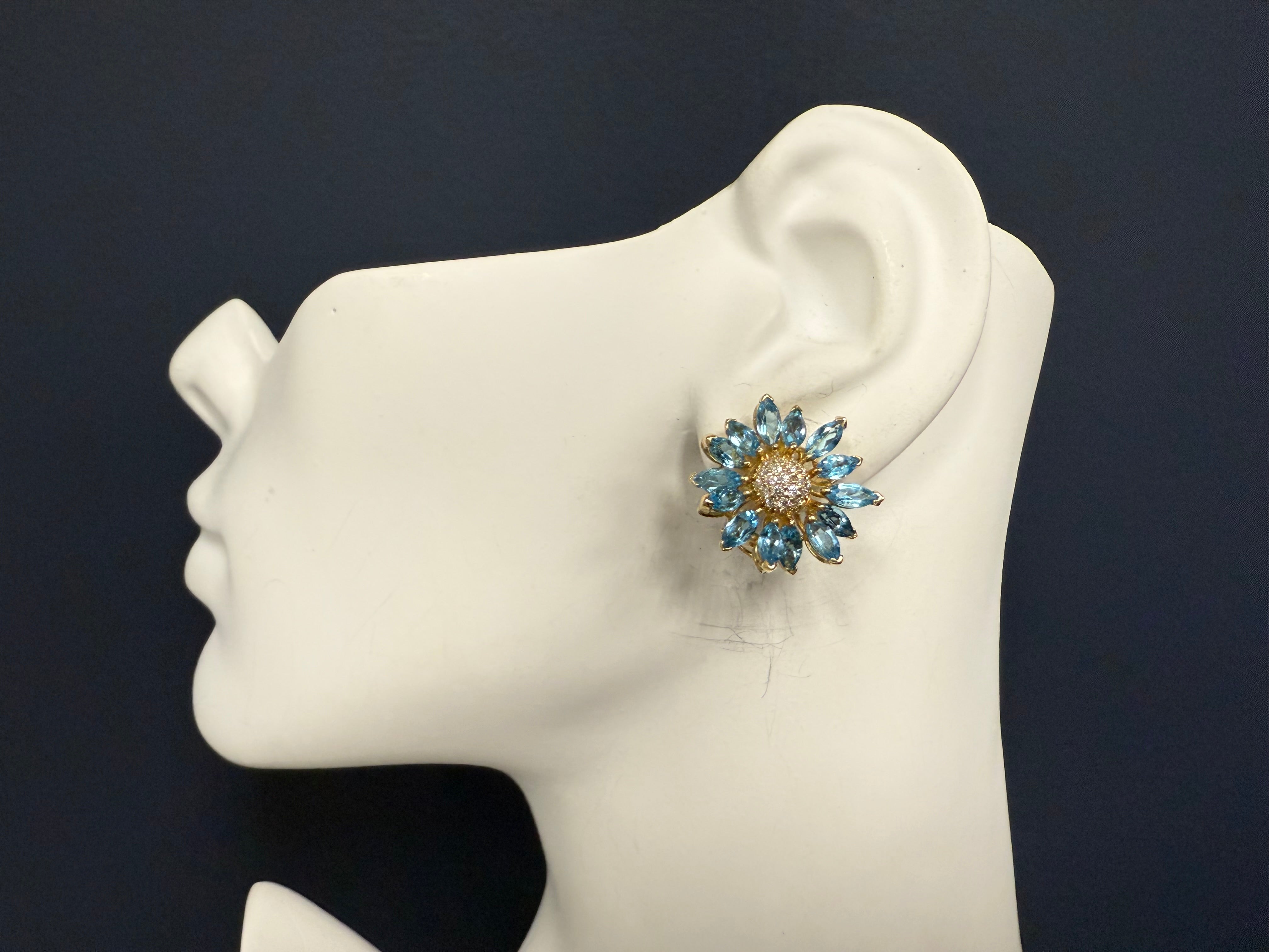 Retro Gold Natural Marquise London Blue Topaz Diamond Floral Earrings Circa 1970