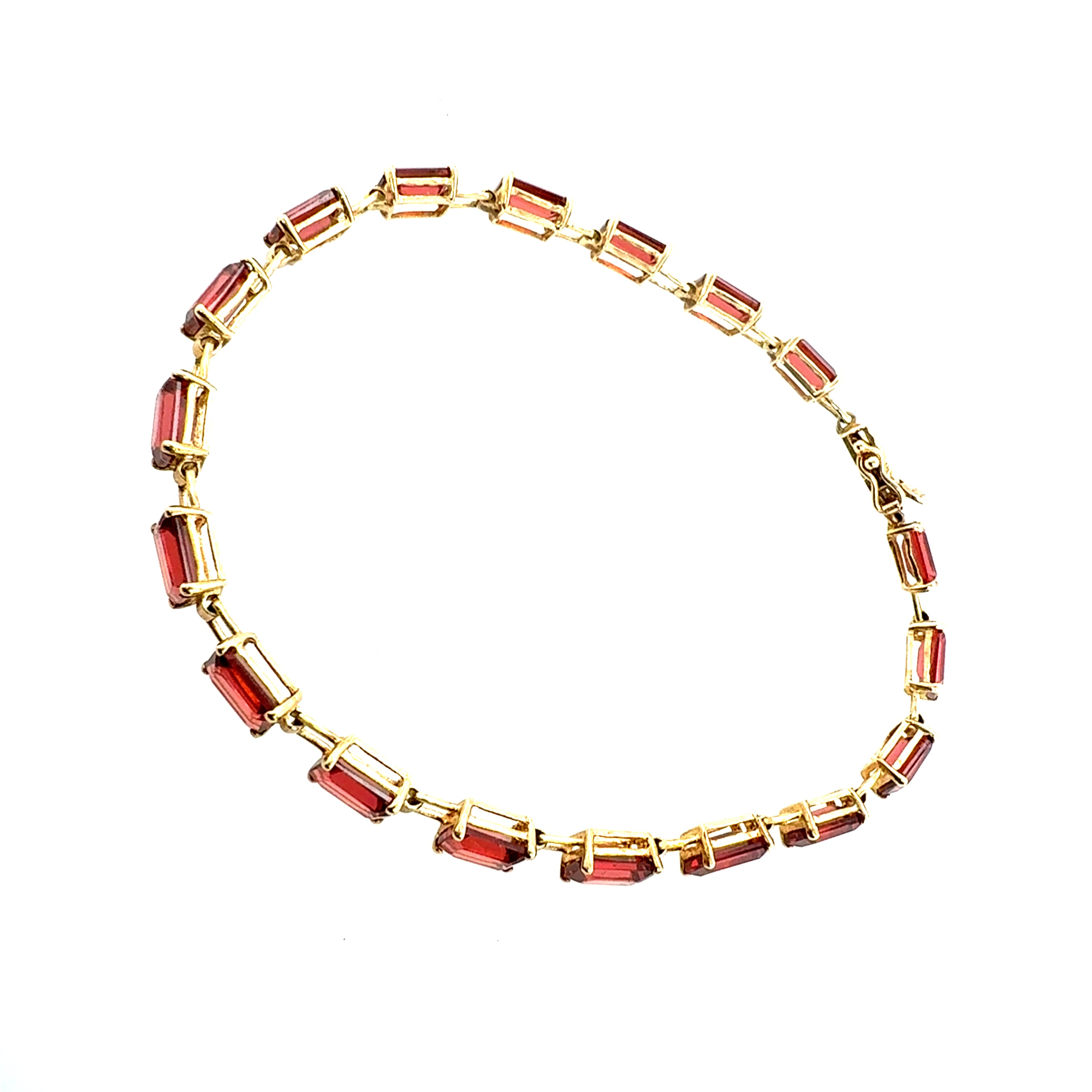 Retro Yellow Gold Reddish Garnet-Like Emerald Cut Tennis Bracelet