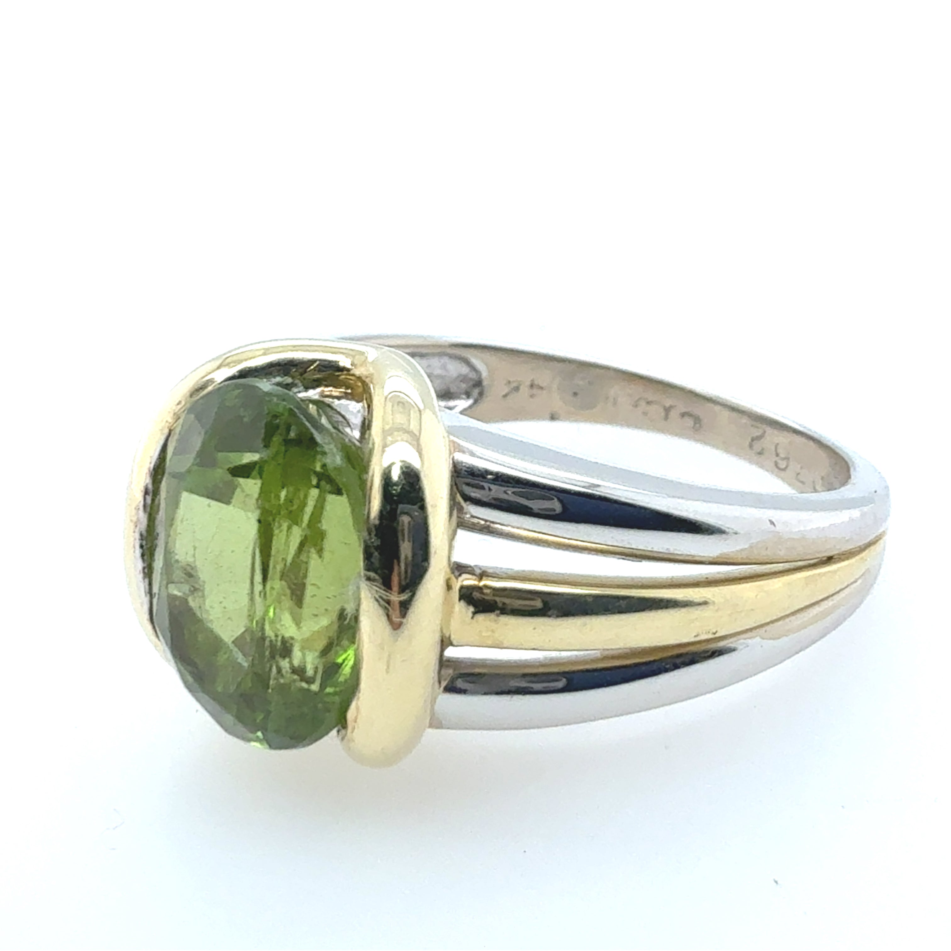Retro Two Tone Gold Oval Green Peridot Cocktail Ring Circa 1995